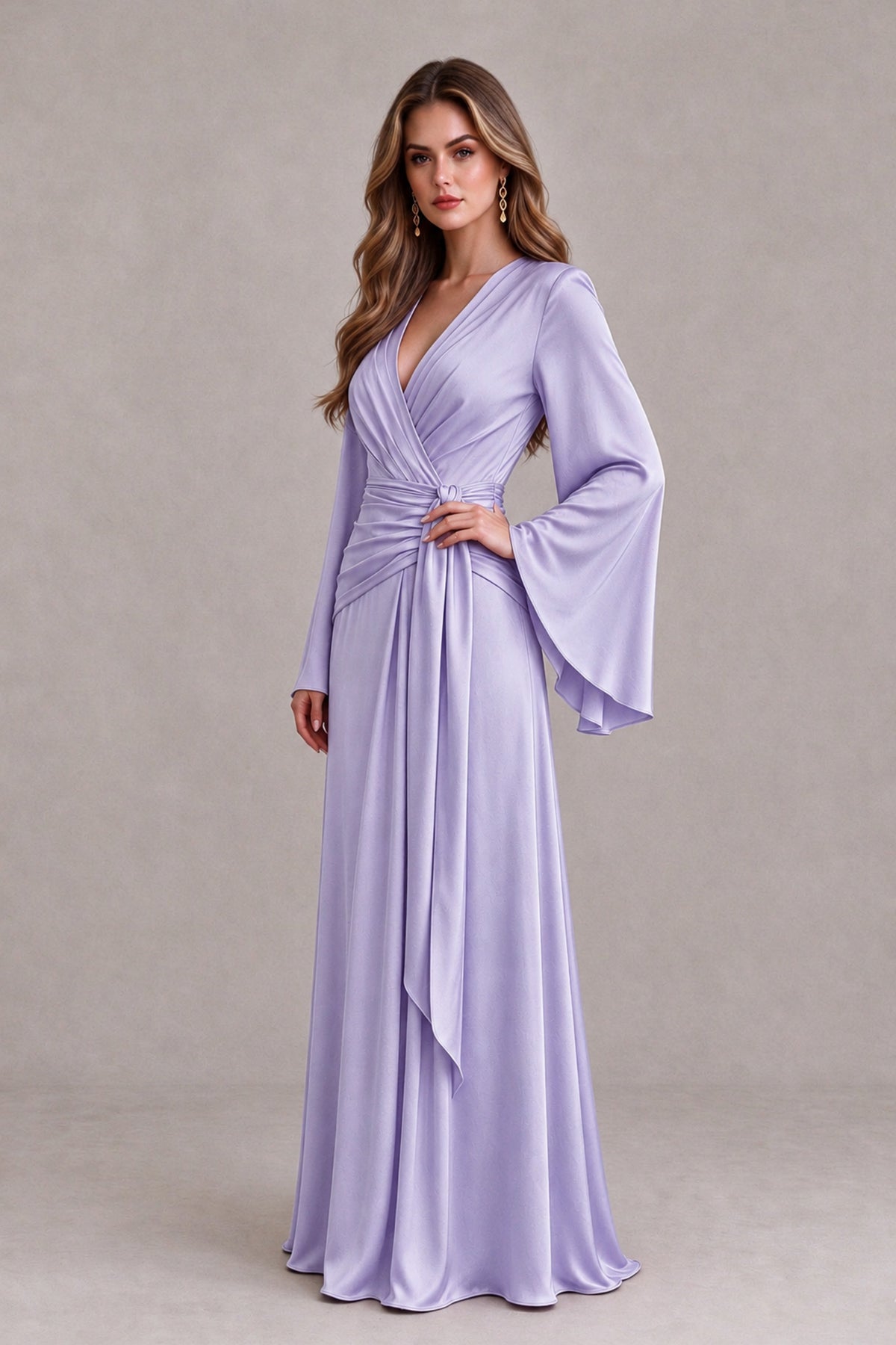 BOLODOO Lavender Yellow Satin-Look V-Neck Long Bell Sleeve Evening Dress - Lavender - Lavender_3