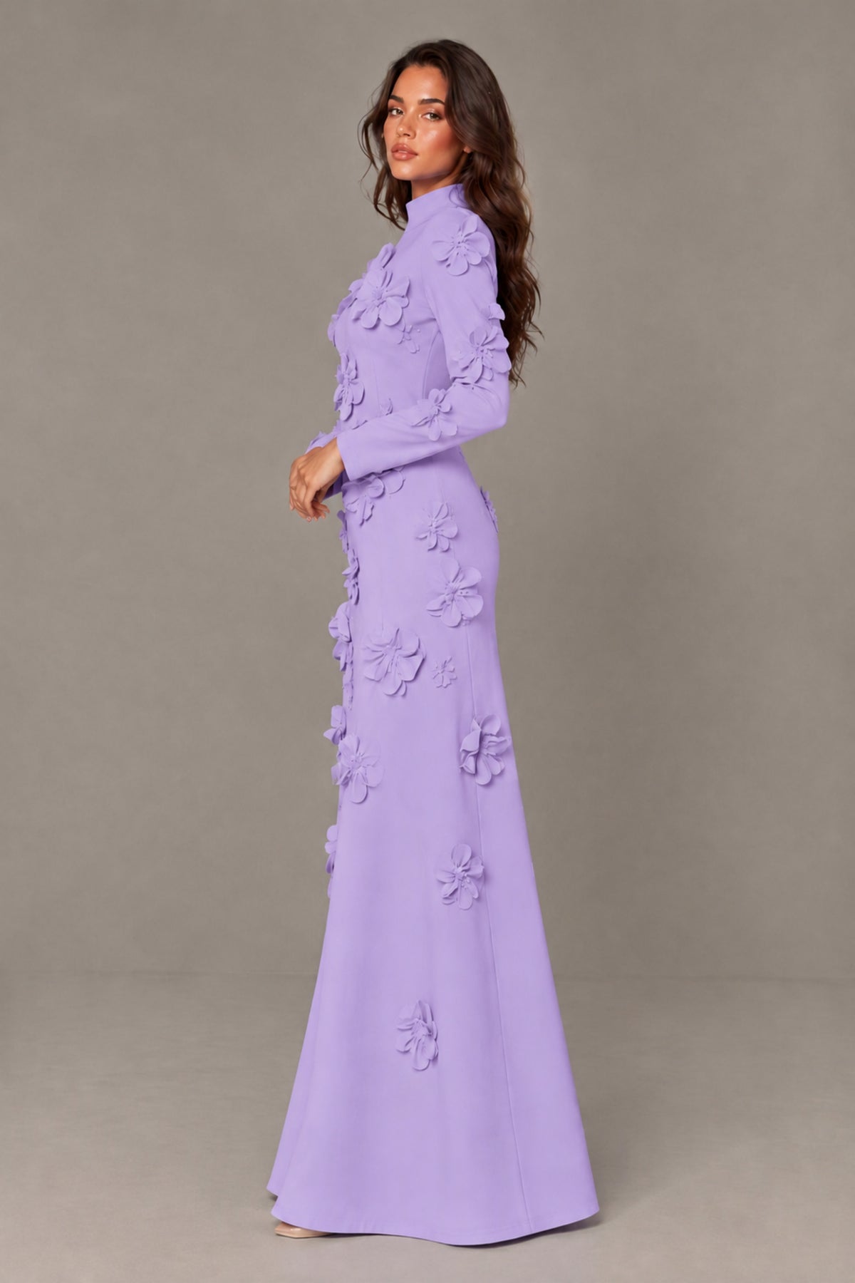 BOLODOO Lavender High Neck Long Sleeve 3D Floral Evening Gown - Lavender