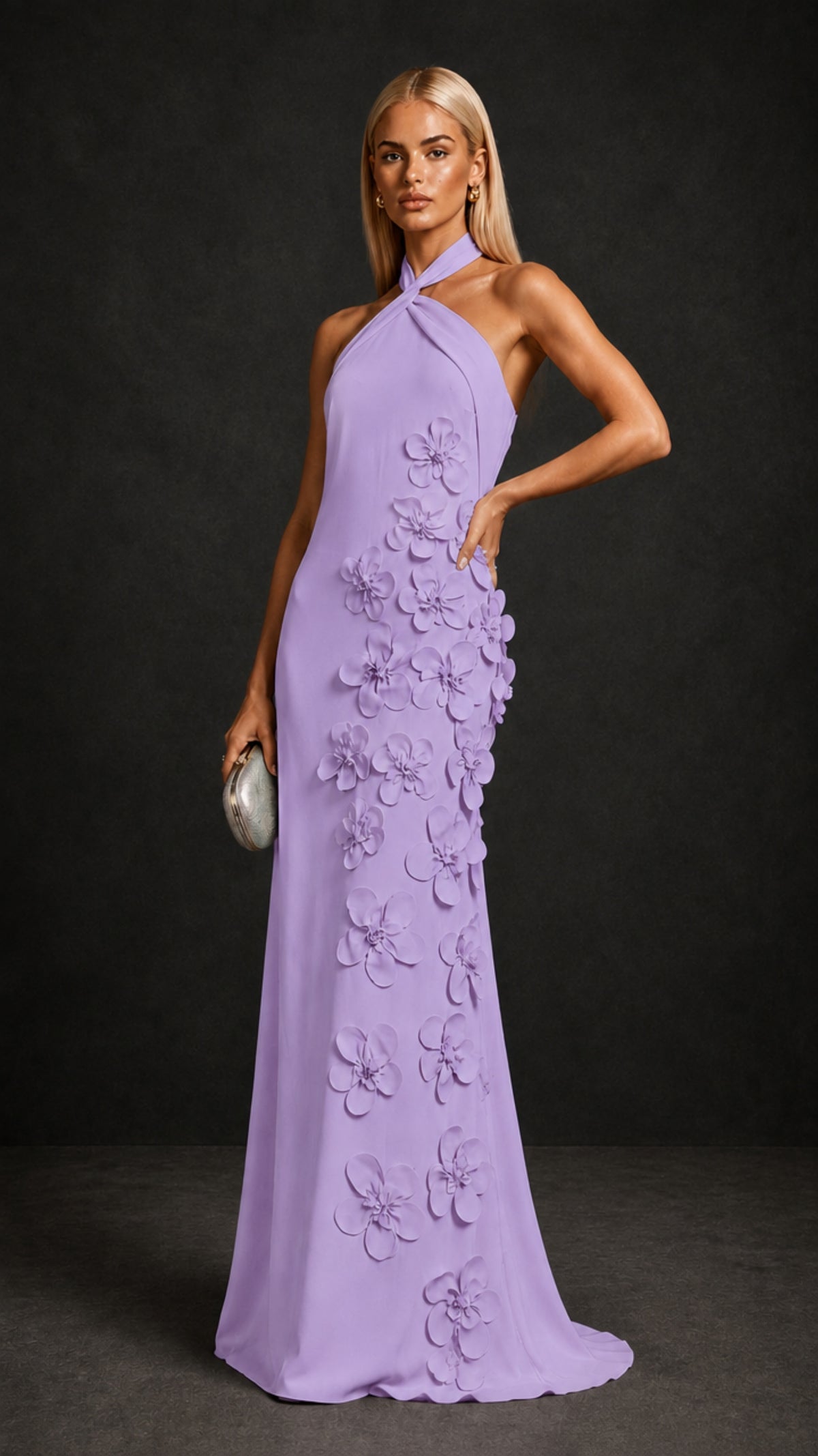 BOLODOO Lavender Cross Halter Neck 3D Floral Appliqué Backless Mermaid Maxi Gown - Lavender