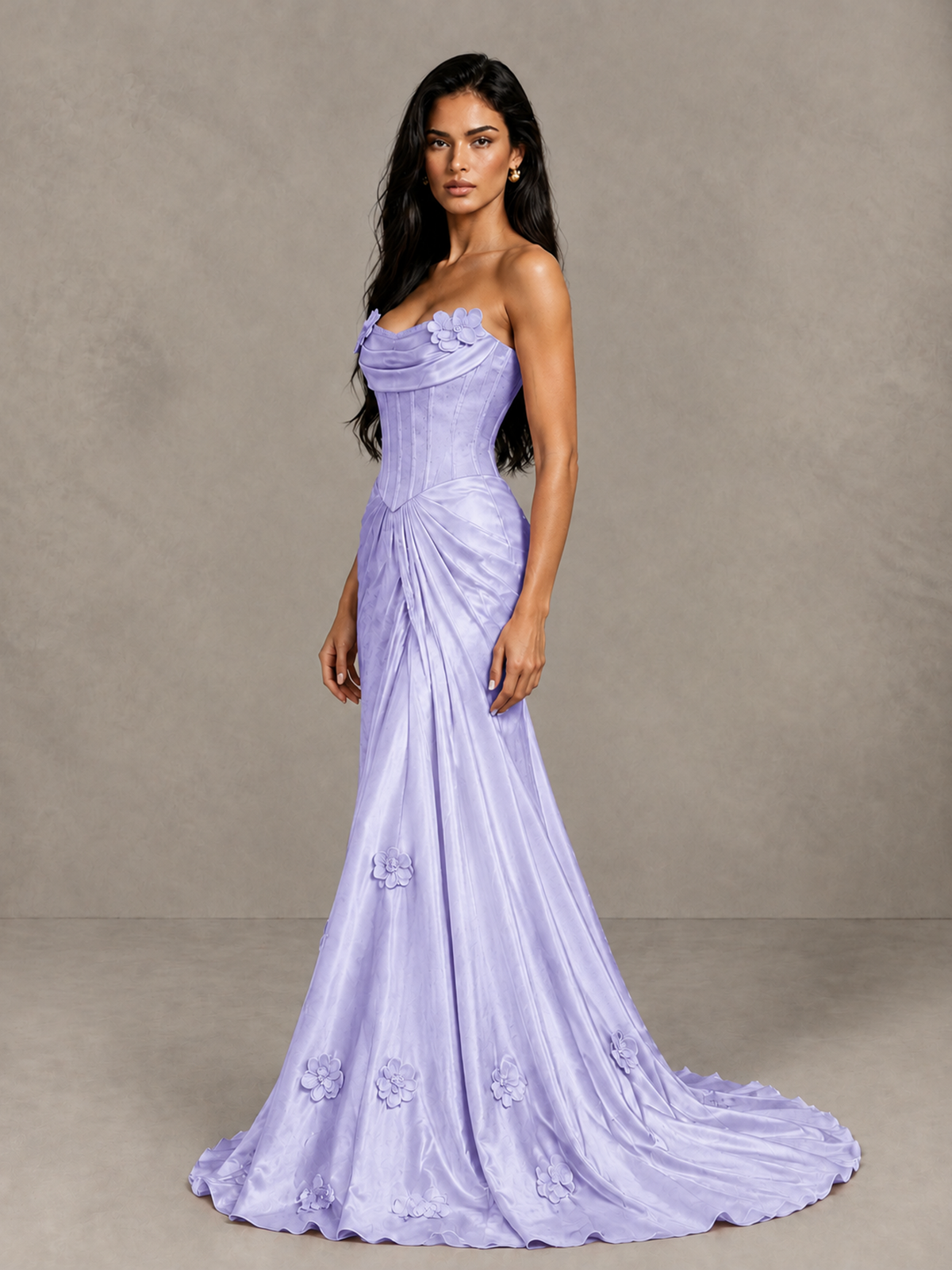 BOLODOO Lavender Strapless Floral Corset Evening Gown with Train - Lavender - Lavender_3