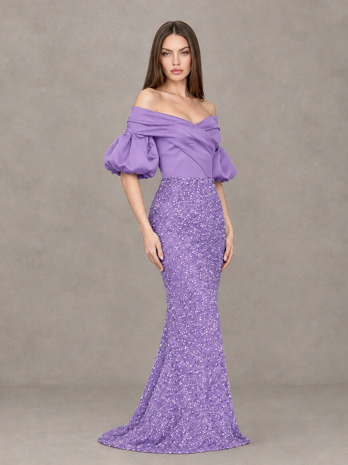 BOLODOO Lavender Off-Shoulder Puff Sleeve Sequin Mermaid Evening Dress - Lavender - Lavender_3