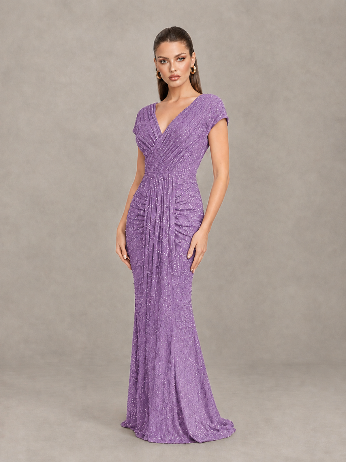 BOLODOO Lavender Glitter V-Neck Cap Sleeve Ruched Mermaid Evening Gown - Lavender - Lavender_3