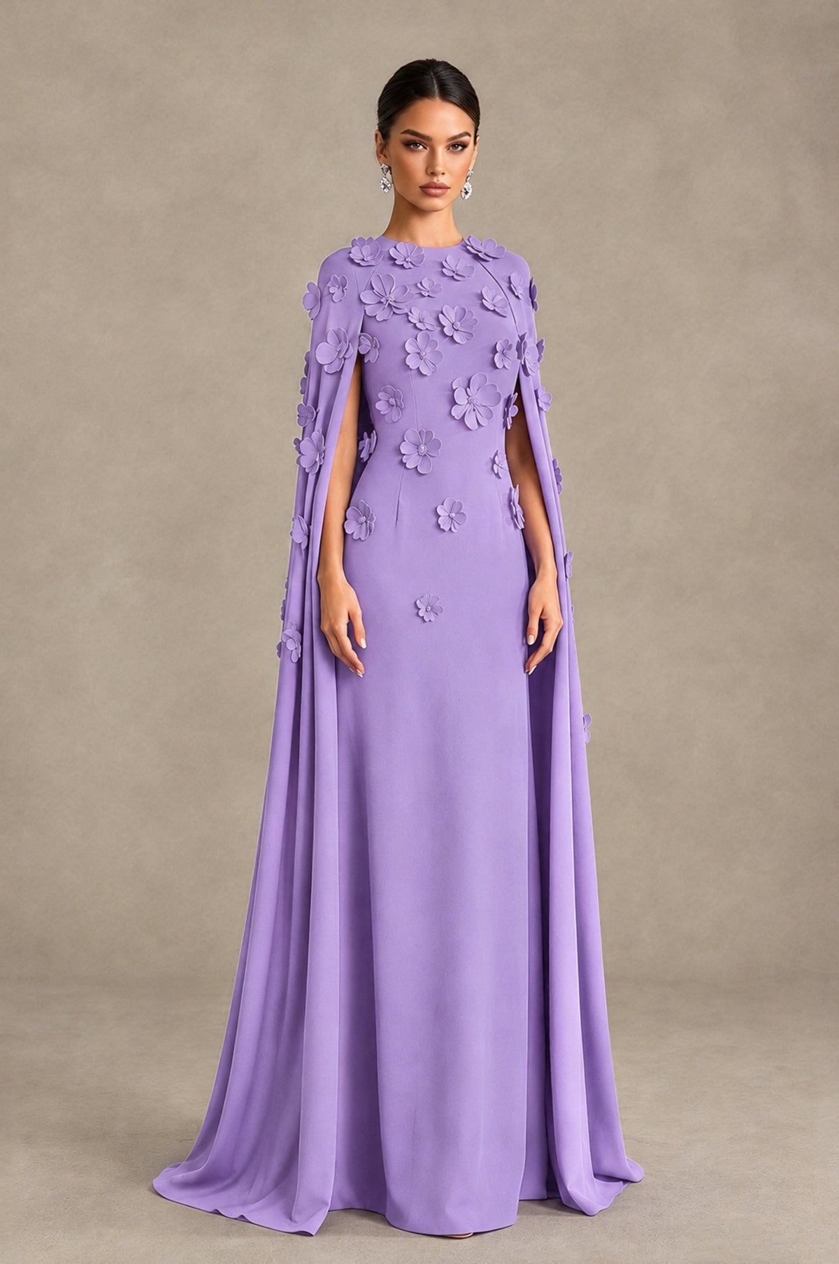 BOLODOO Lavender 3D Floral Applique Cape Formal Dress - Lavender - Lavender_3