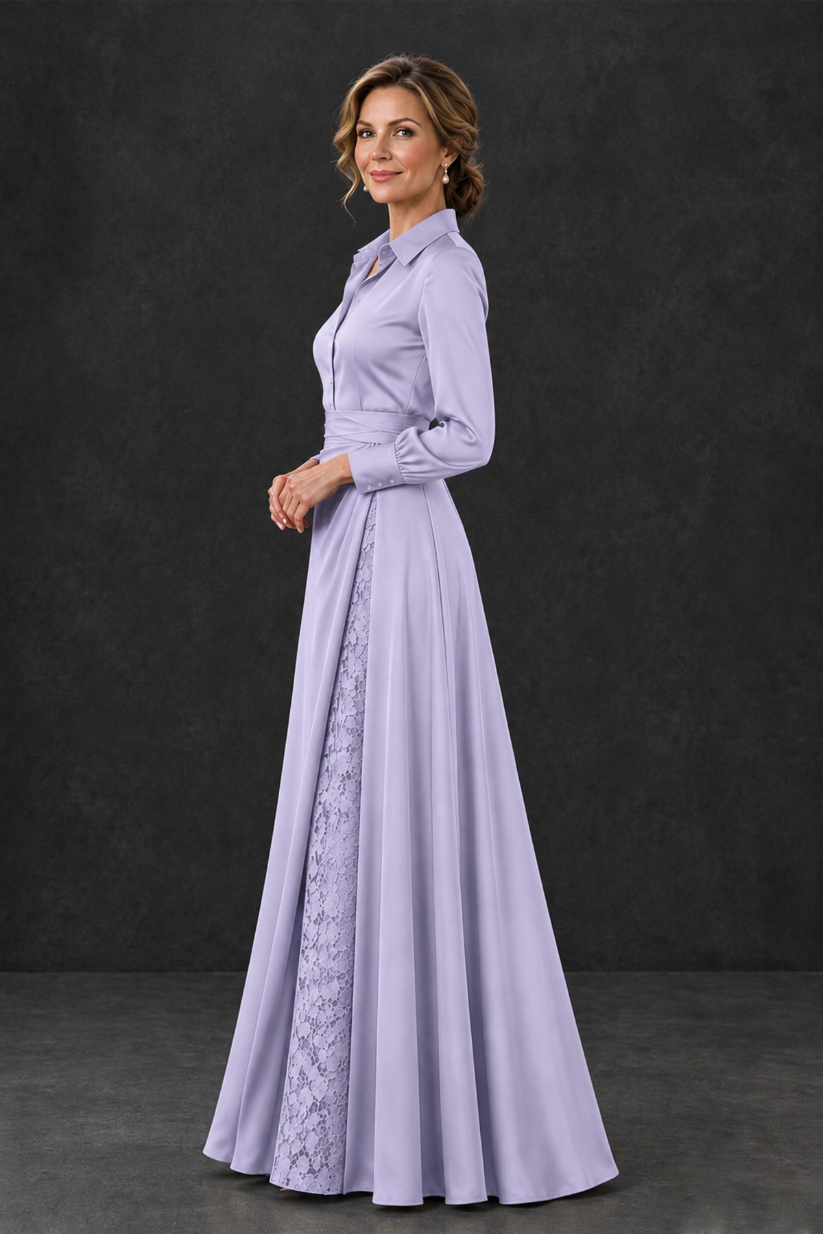 BOLODOO Lavender Long Sleeve Satin-Look Lace Panel Gown - Lavender - Lavender_3