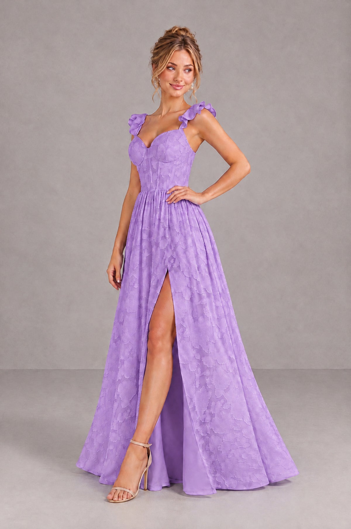 BOLODOO Lavender Floral A-Line Bridesmaid Dress with Slit Ruffle Straps Maxi Gown - Lavender - Lavender_3