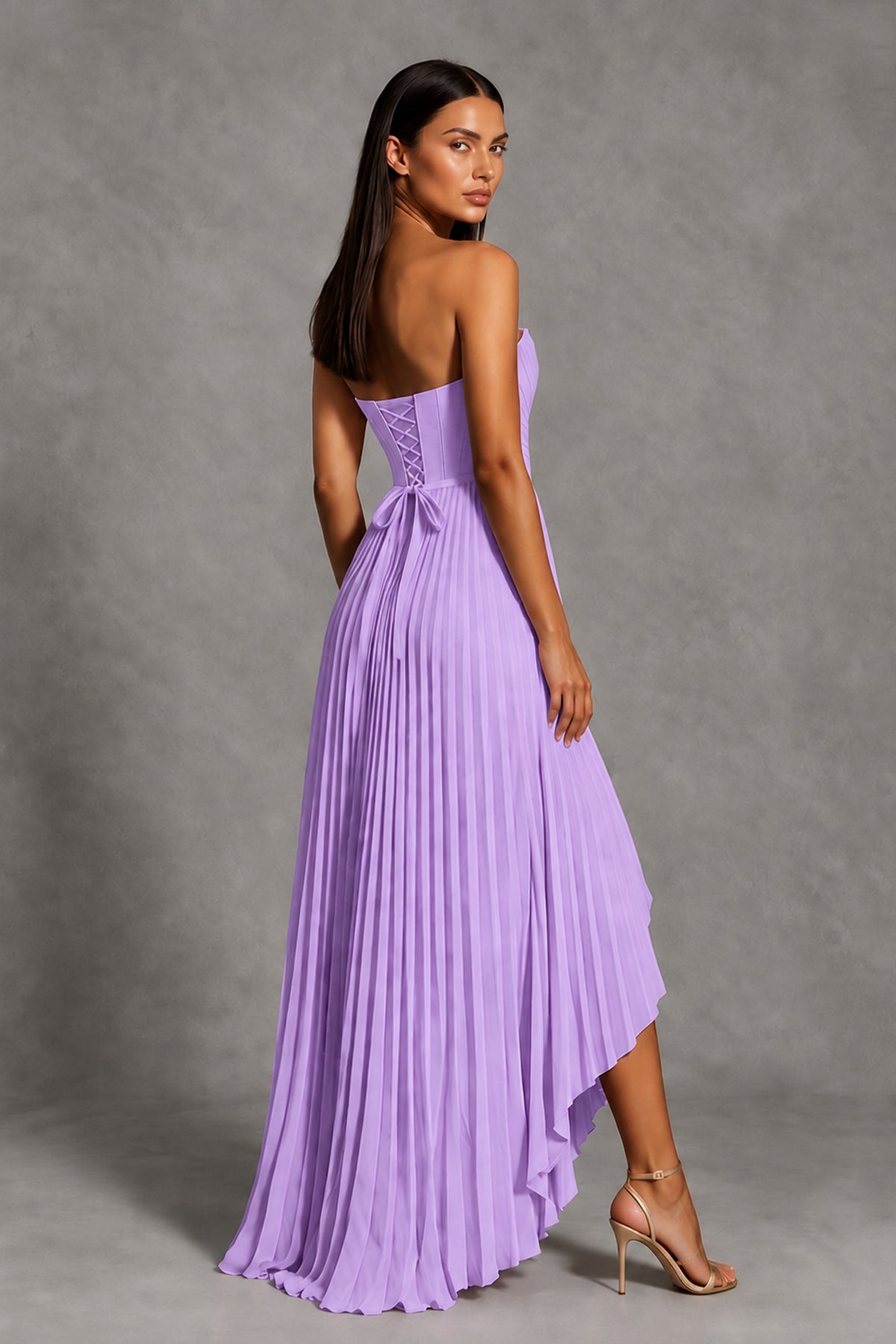 Lavender Strapless Pleated High-Low Evening Gown with Ruffle Hem - Lavender