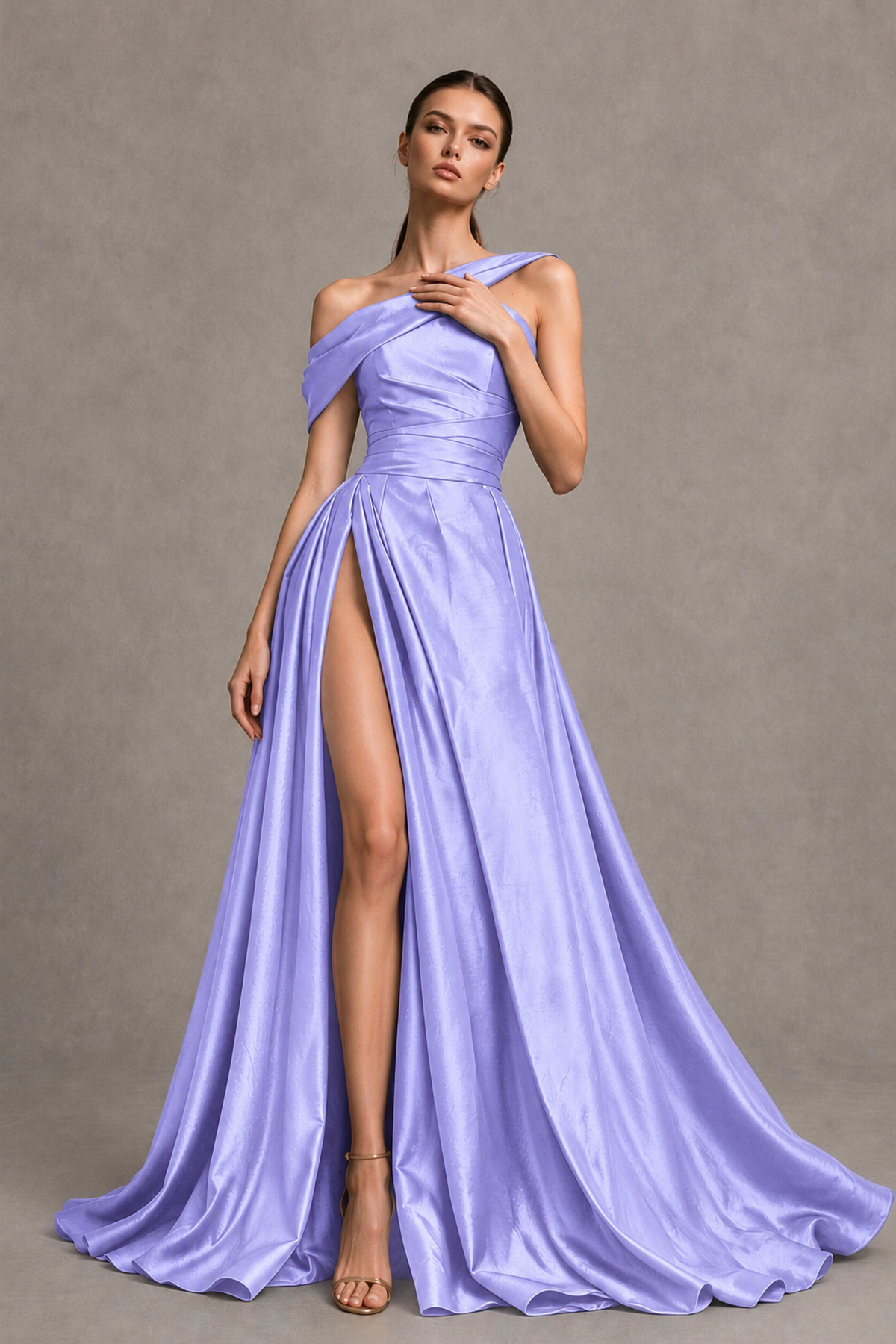 BOLODOO Lavender Asymmetric Satin-Look A-Line Prom Dress with High Slit - Lavender - Lavender_3