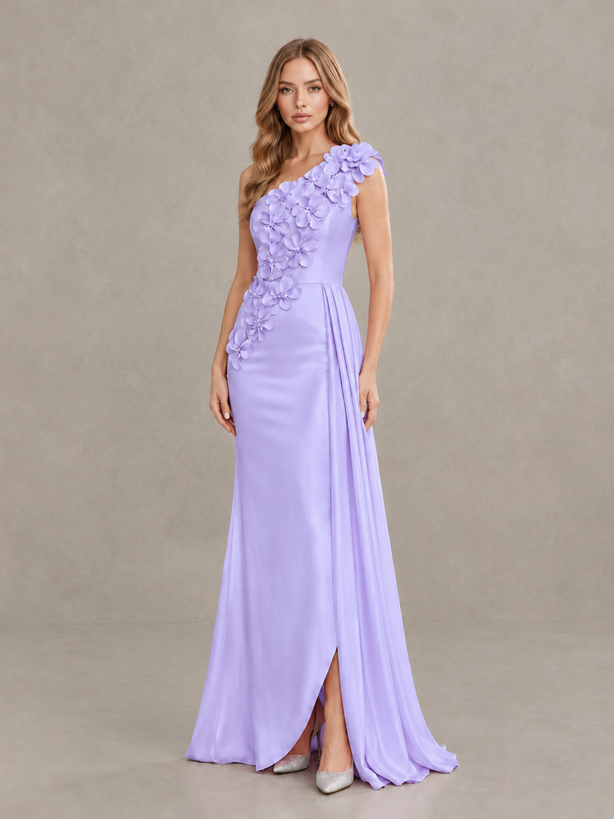 BOLODOO Lavender One-Shoulder Satin Mermaid Evening Gown with 3D Floral Appliqué - Lavender - Lavender_3