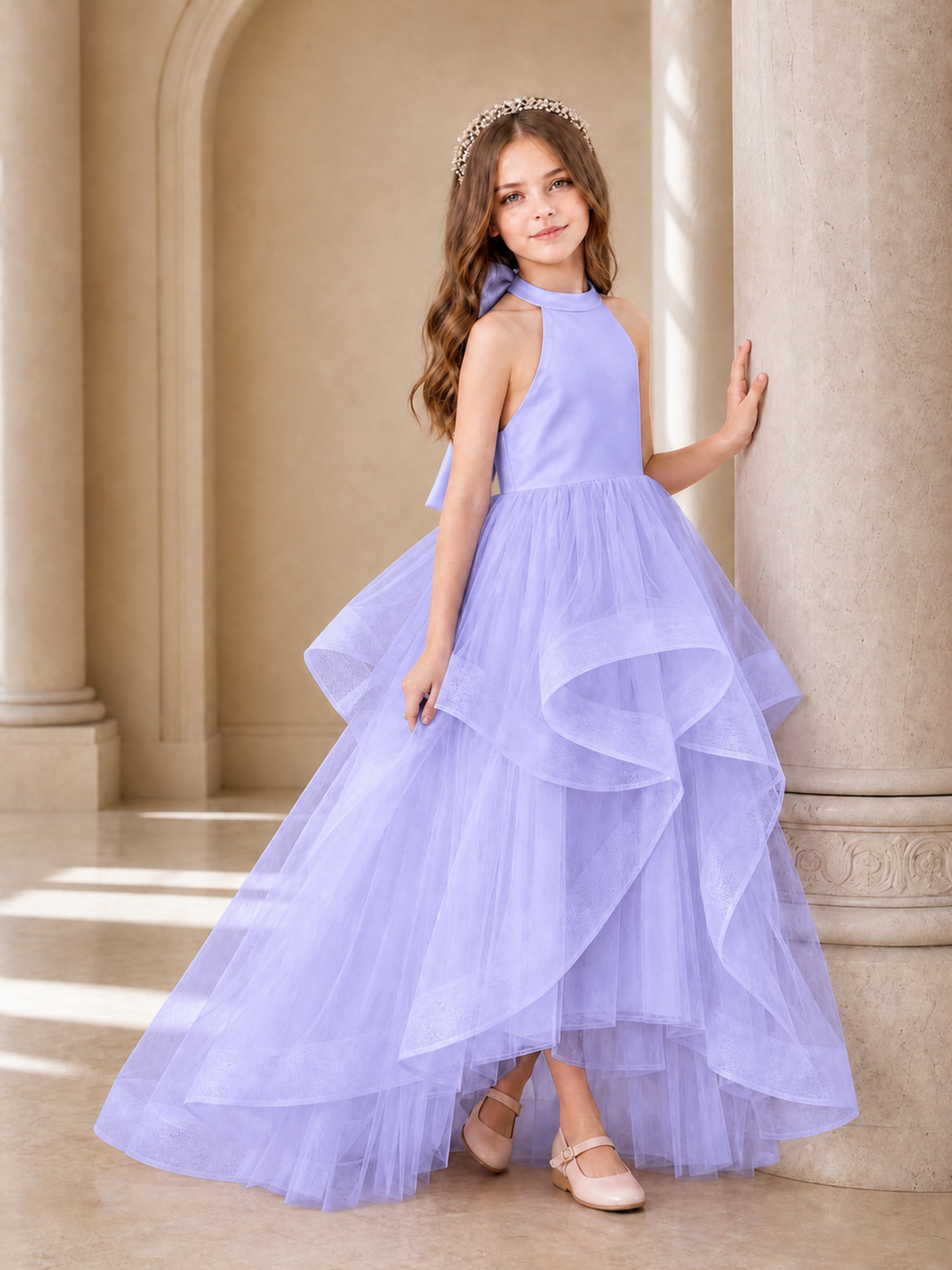 BOLODOO Lavender Halter Tiered Tulle Flower Girl Dress with Bow Back - Lavender - Lavender_3
