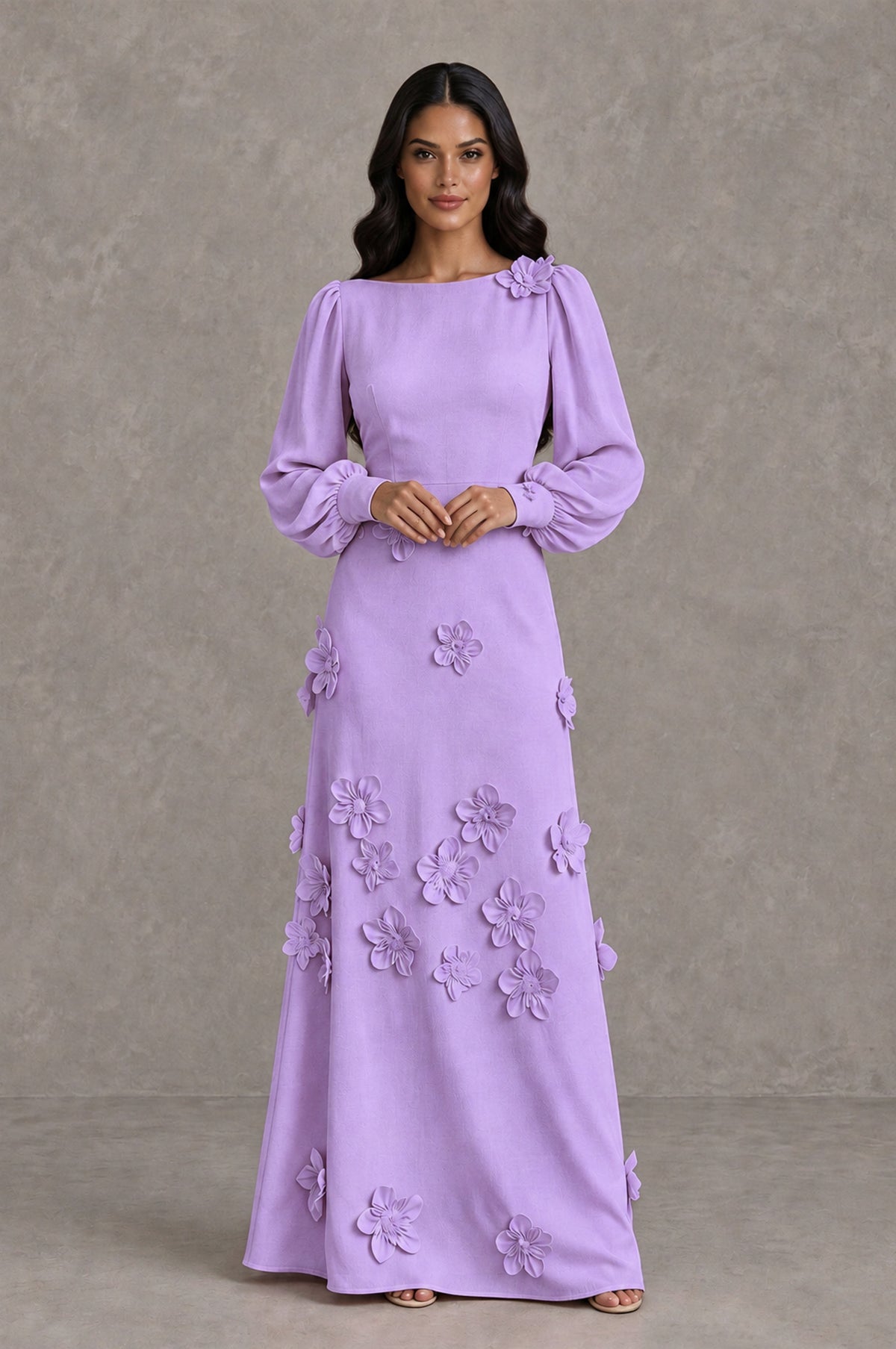 BOLODOO Lavender Long Sleeve Floral Applique A-Line Evening Dress - Lavender - Lavender_3
