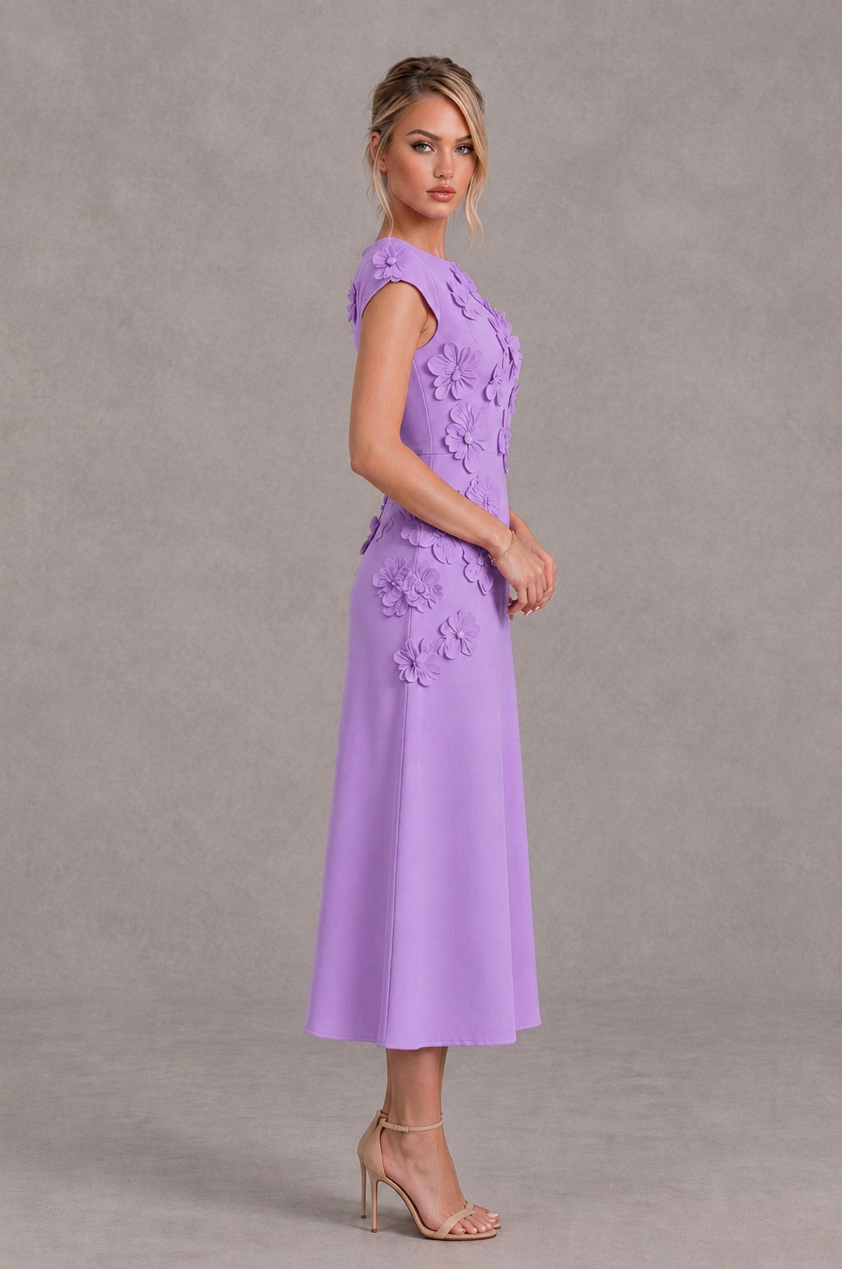 BOLODOO Lavender 3D Floral Cap Sleeve Midi Cocktail Dress - Lavender - Lavender_3