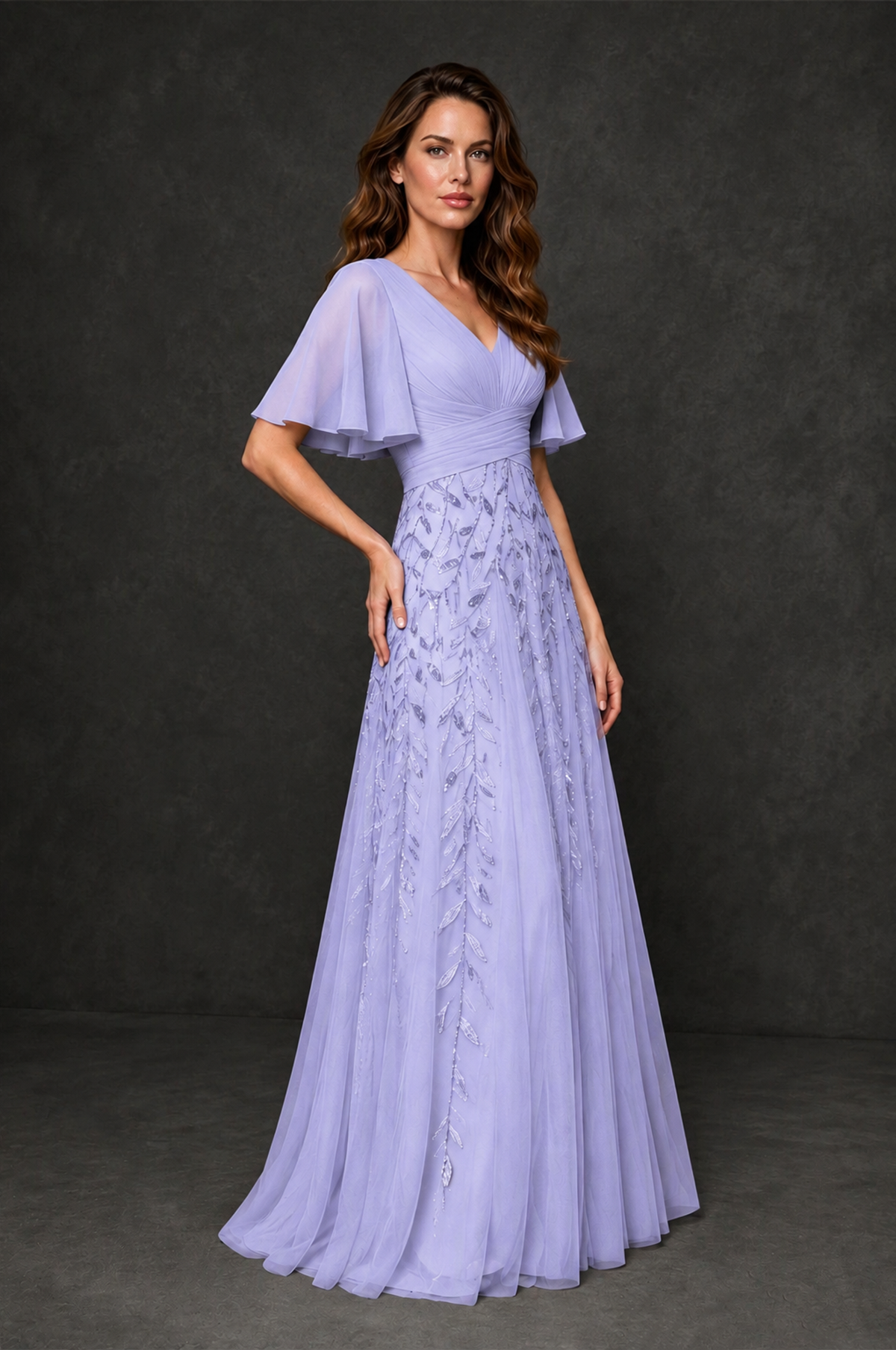 BOLODOO Lavender V-Neck Flutter Sleeve Beaded Botanical Tulle A-Line Gown | Mother of the Bride Evening Dress - Lavender - Lavender_3