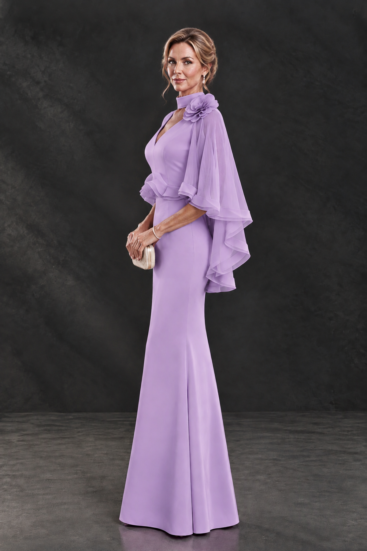 BOLODOO Lavender Floral Cape Sleeve Mother of the Bride Dress - Lavender - Lavender_3