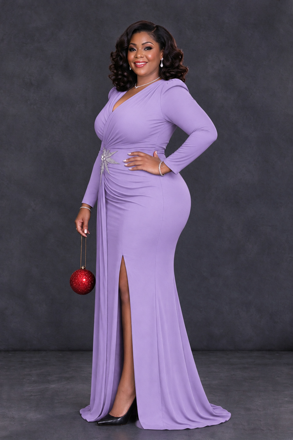 BOLODOO Lavender Plus Size Long Sleeve V-Neck Mother of the Bride Dress with Slit - Lavender - Lavender_3