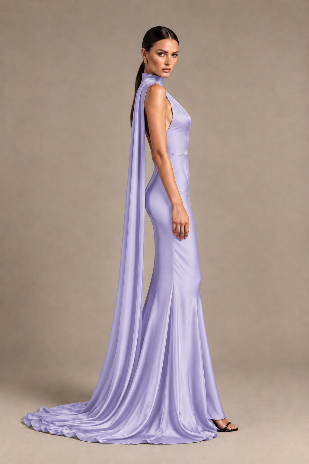 BOLODOO Lavender One-Shoulder Satin Mermaid Evening Dress with Scarf - Lavender - Lavender_3