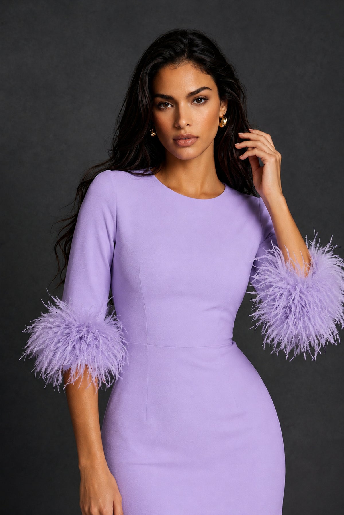 BOLODOO Lavender Ostrich Feather Cuff 3/4 Sleeve Round Neck Bodycon Midi Dress with Back Slit - Lavender