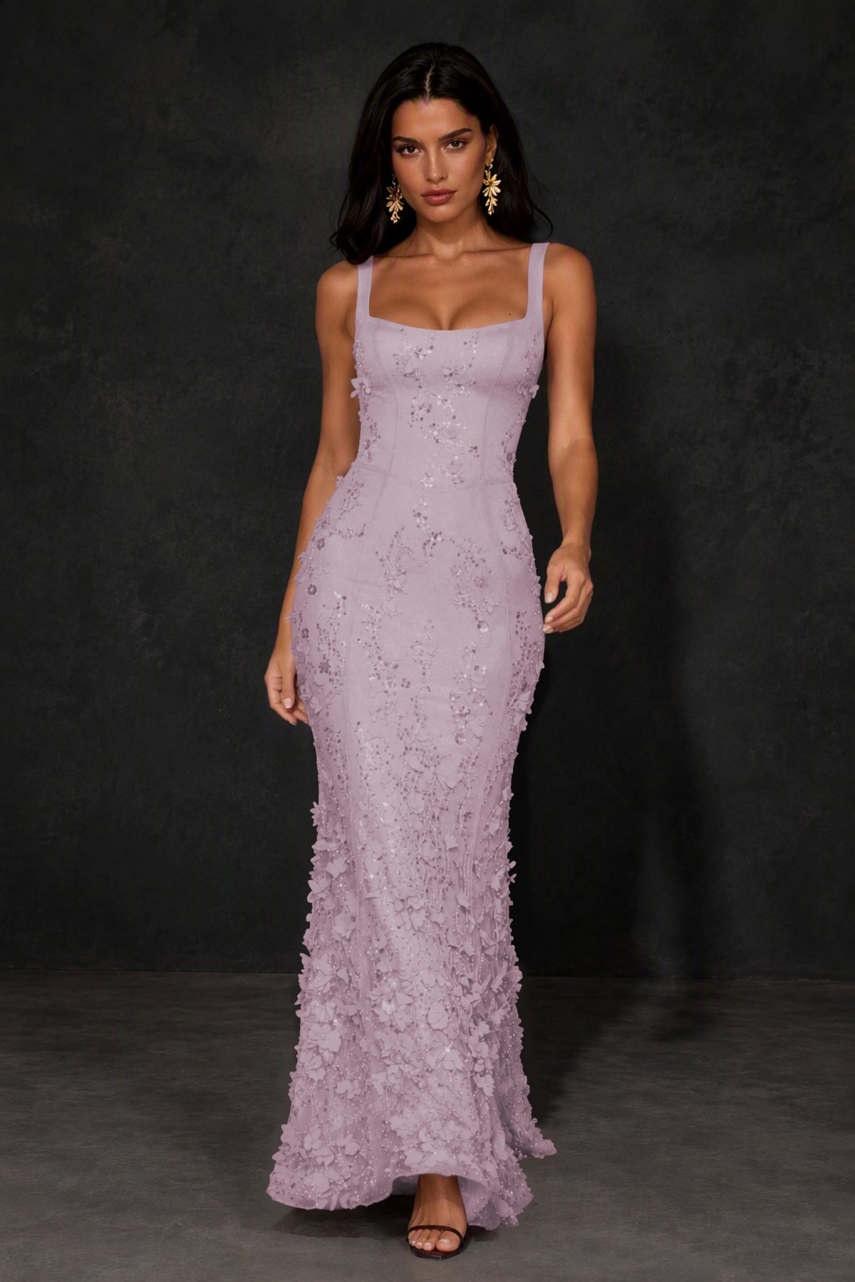 BOLODOO Lavender Sequin 3D Floral Mermaid Maxi Gown – Lace-Up Back Formal Dress - Lavender