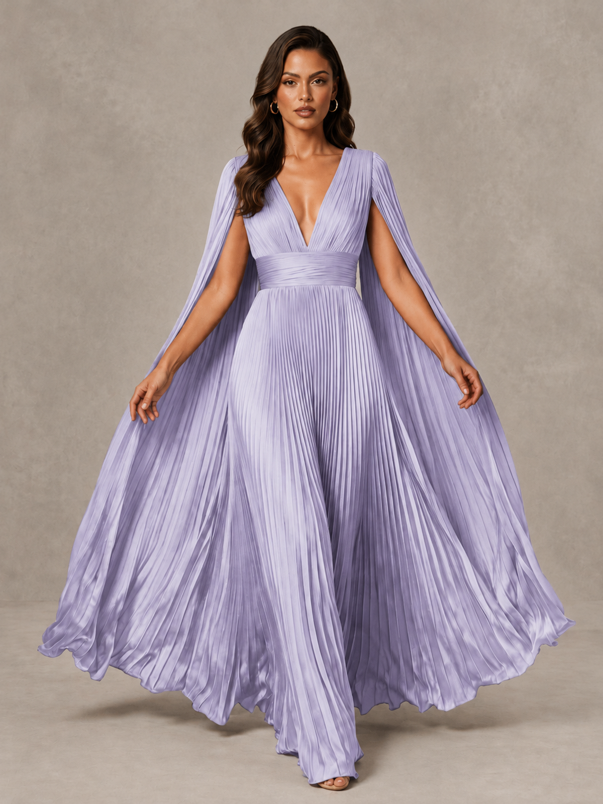 BOLODOO Lavender Deep V-Neck Pleated Cape Sleeve Evening Gown - Lavender - Lavender_3