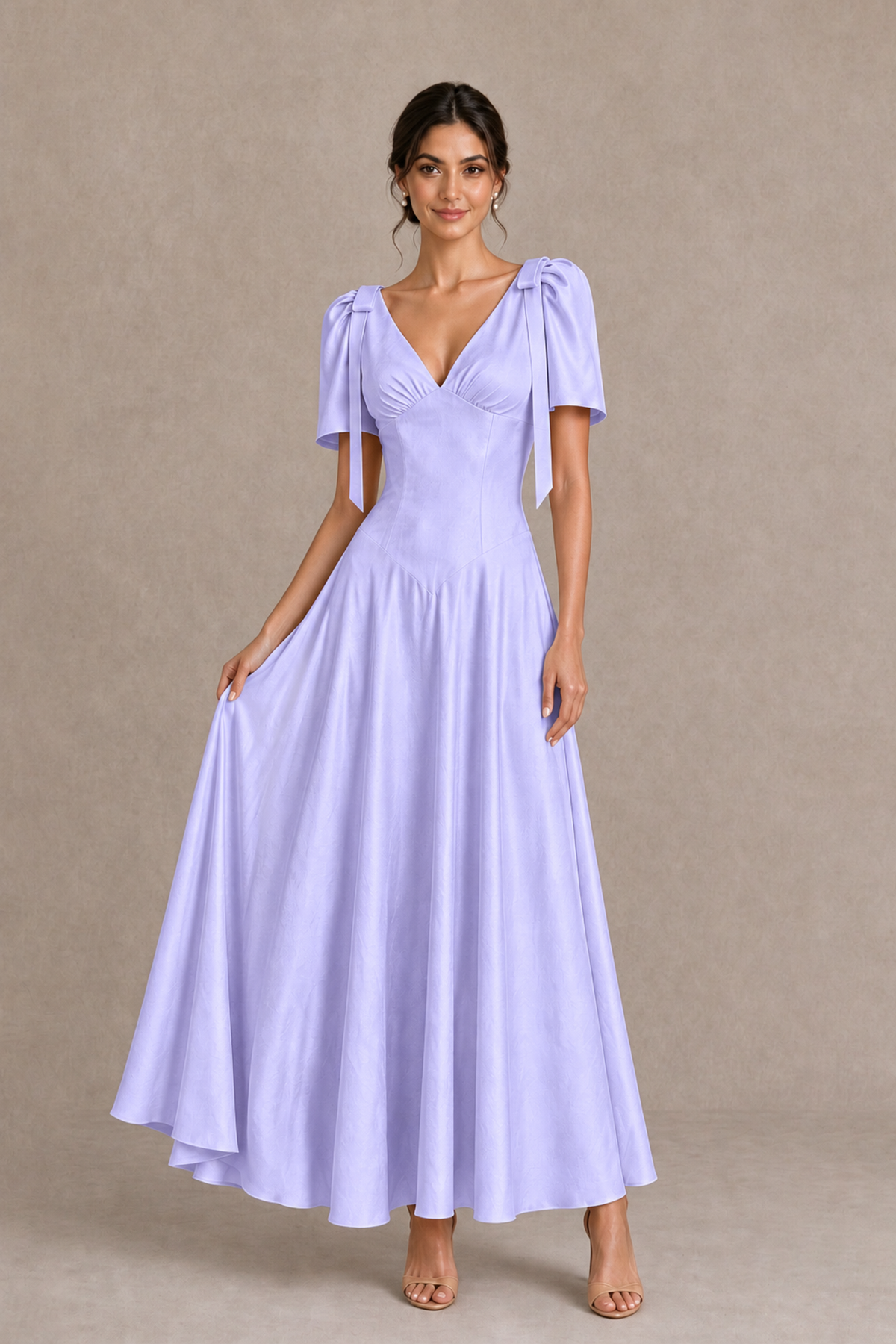 BOLODOO Lavender V-Neck Short Sleeve Satin-Look Bridesmaid Dress with Shoulder Bows - Lavender - Lavender_3