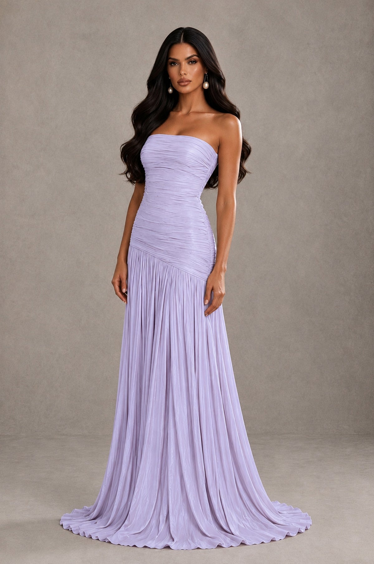 BOLODOO Lavender Metallic Ruched Strapless Pleated A-Line Backless Maxi Dress with Train - Lavender - Lavender_3