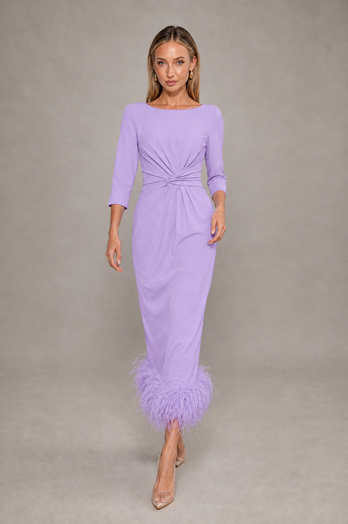 BOLODOO Lavender Feather-Trim Twist-Waist Midi Dress - Lavender - Lavender_3