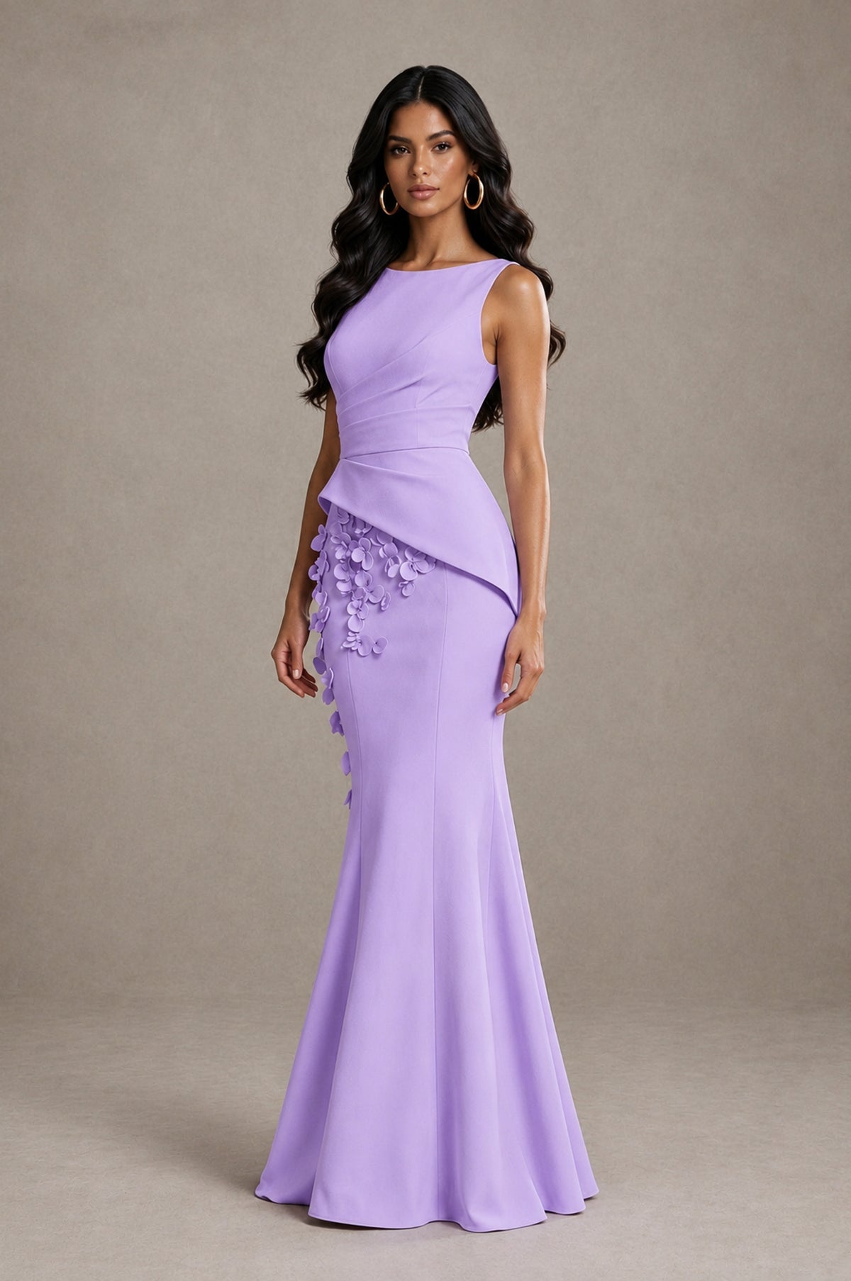 BOLODOO Lavender Bateau Neck Sleeveless Asymmetric Peplum 3D Petal Appliqué Mermaid Gown BD0421 - Lavender - Lavender_3