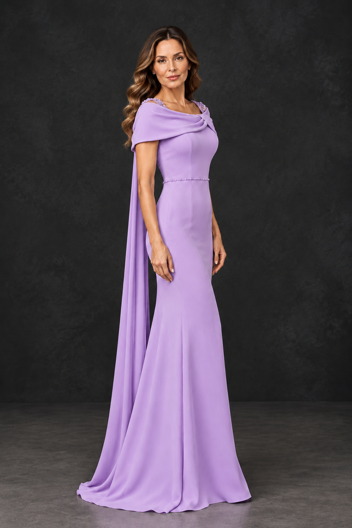 BOLODOO Lavender Mother of the Bride Dress with Draped Cape Detail - Lavender - Lavender_3