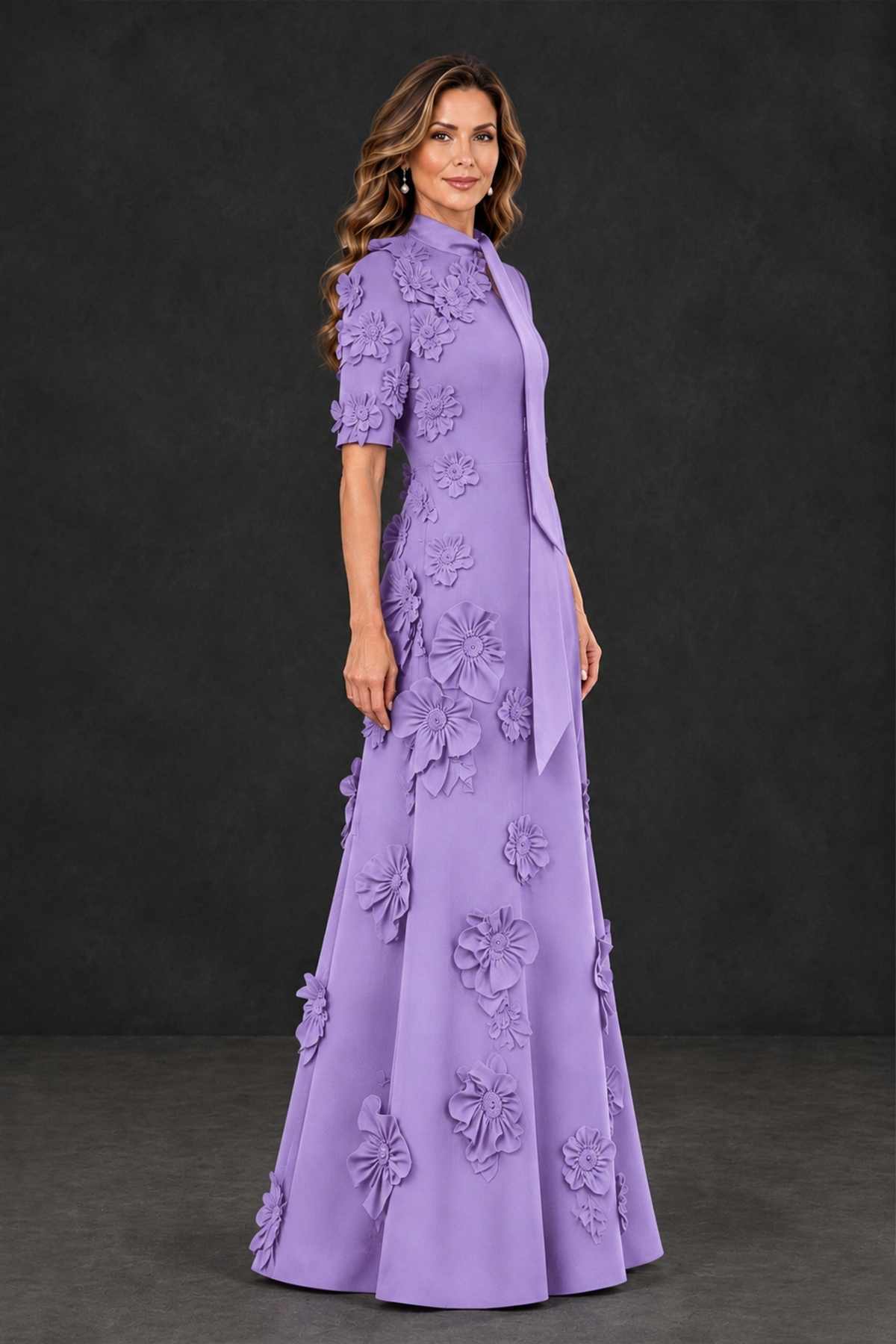 BOLODOO Lavender Floral Applique High-Neck Half-Sleeve Gown - Lavender - Lavender_3