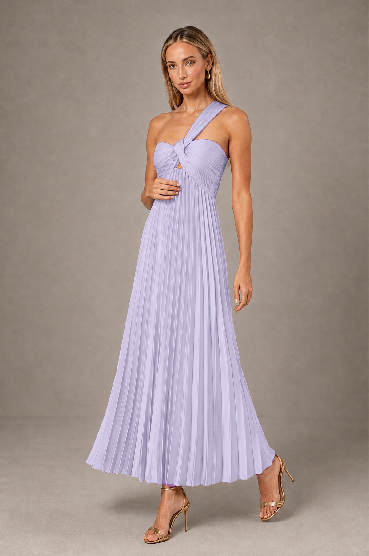 BOLODOO Lavender One-Shoulder Twist Knot Pleated Satin Midi Dress with Cutout - Lavender - Lavender_3