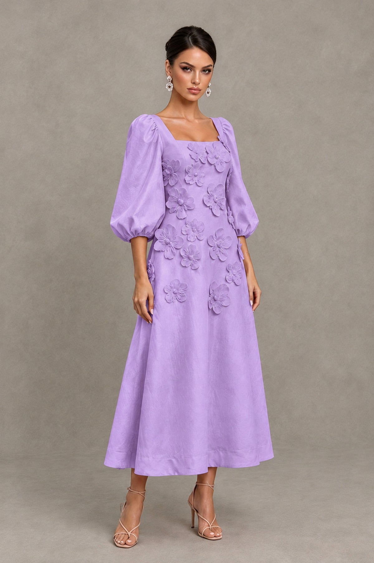 BOLODOO Lavender 3D Floral Puff Sleeve Midi Cocktail Dress - Lavender - Lavender_3