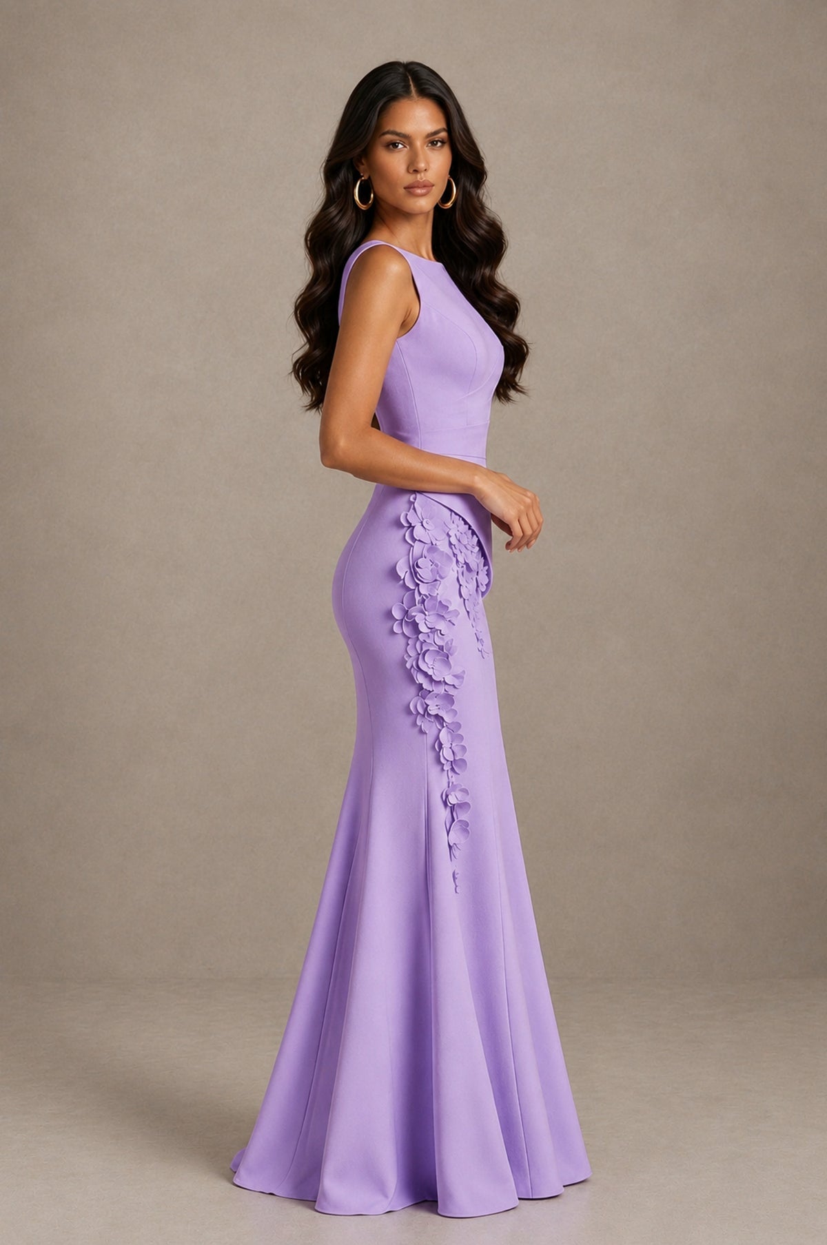 BOLODOO Lavender Bateau Neck Sleeveless Asymmetric Peplum 3D Petal Appliqué Mermaid Gown BD0421 - Lavender - Lavender_4