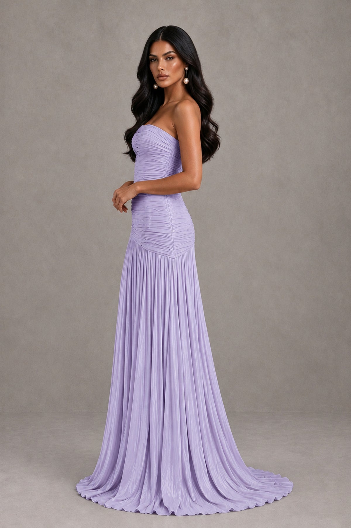BOLODOO Lavender Metallic Ruched Strapless Pleated A-Line Backless Maxi Dress with Train - Lavender - Lavender_4