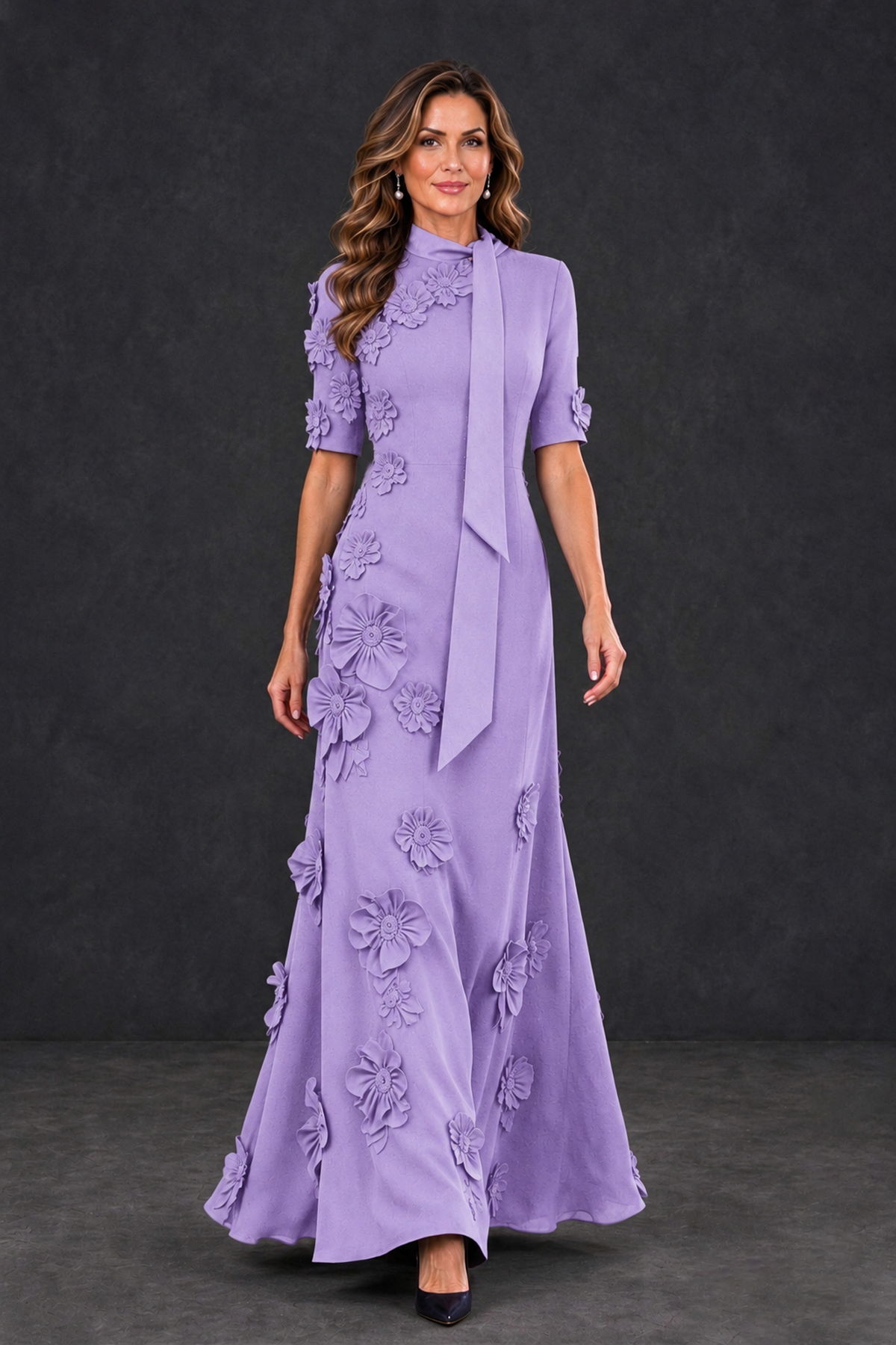 BOLODOO Lavender Floral Applique High-Neck Half-Sleeve Gown - Lavender - Lavender_4