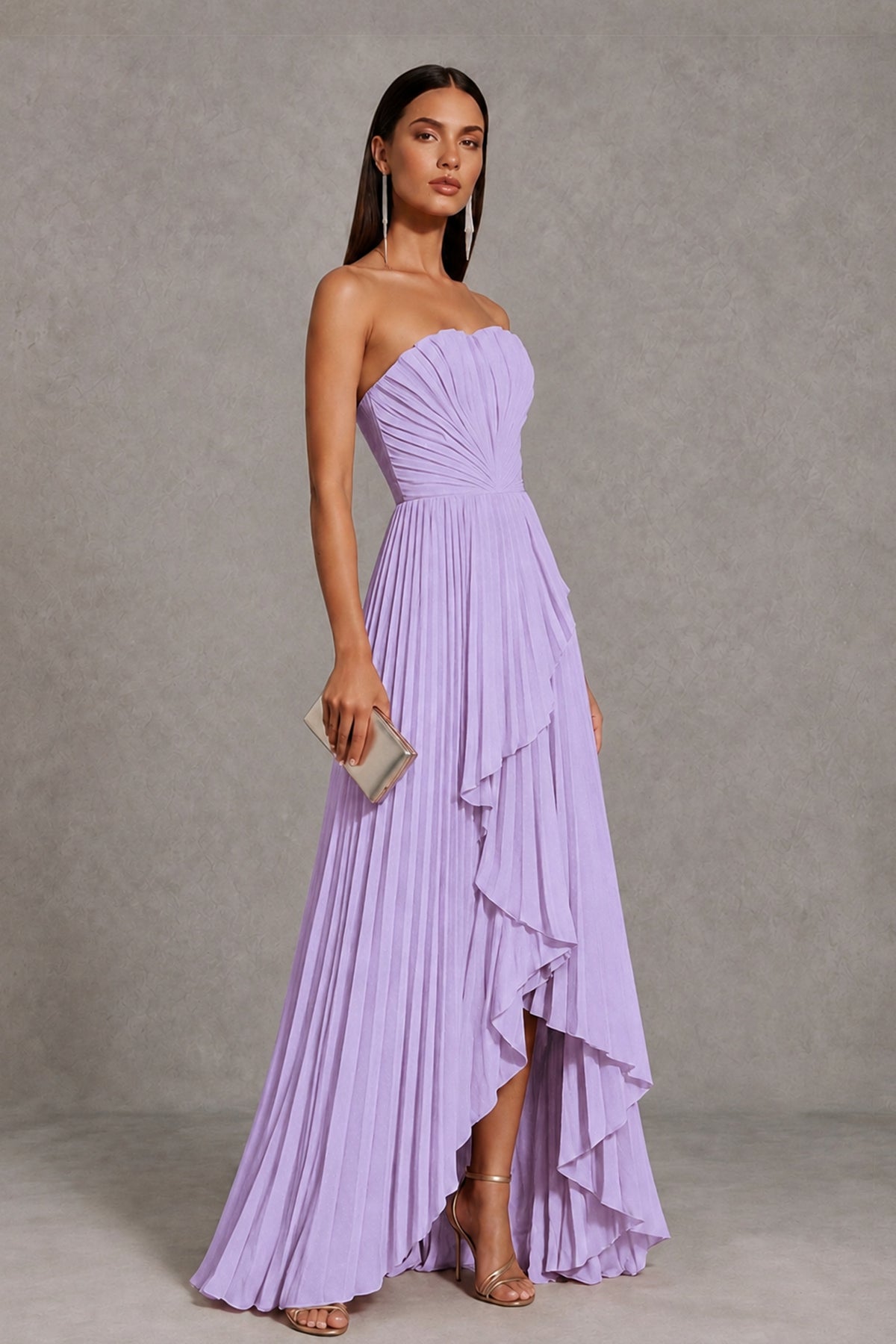 Lavender Strapless Pleated High-Low Evening Gown with Ruffle Hem - Lavender