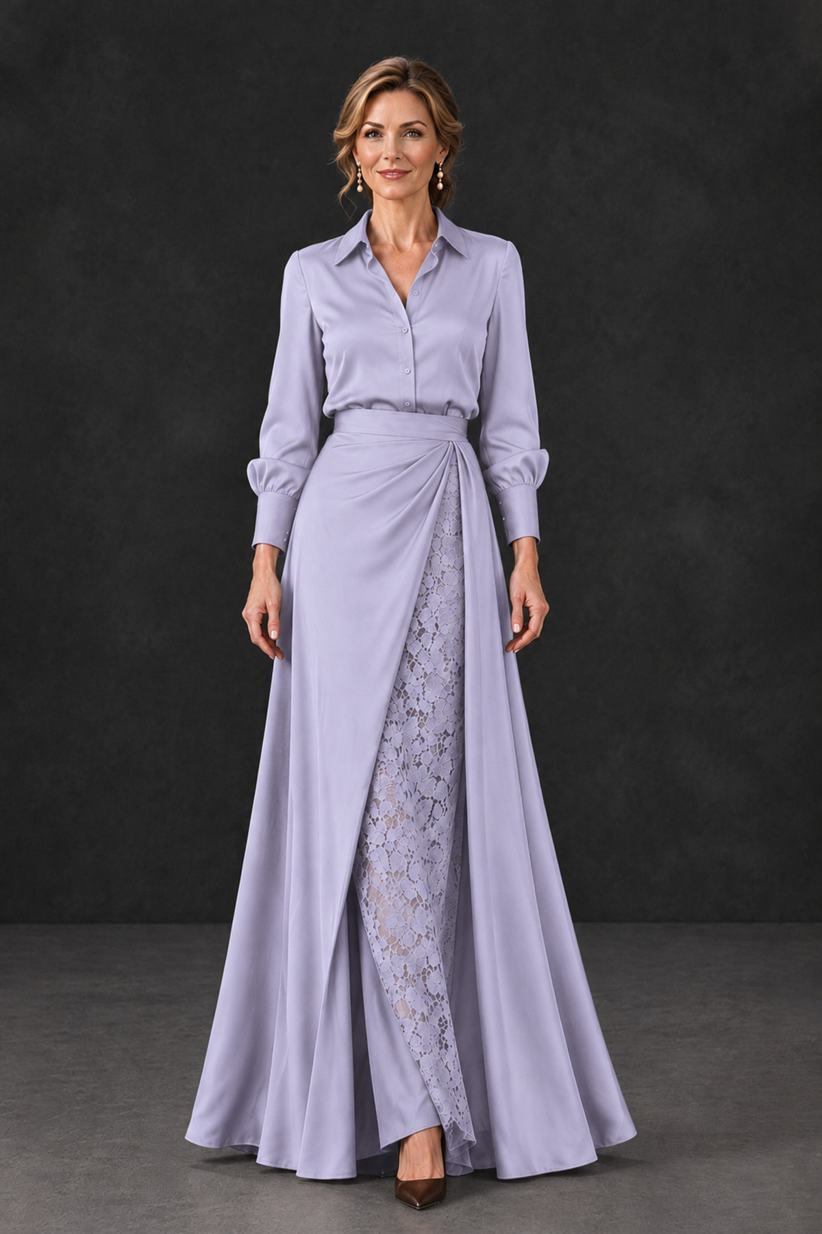 BOLODOO Lavender Long Sleeve Satin-Look Lace Panel Gown - Lavender - Lavender_4