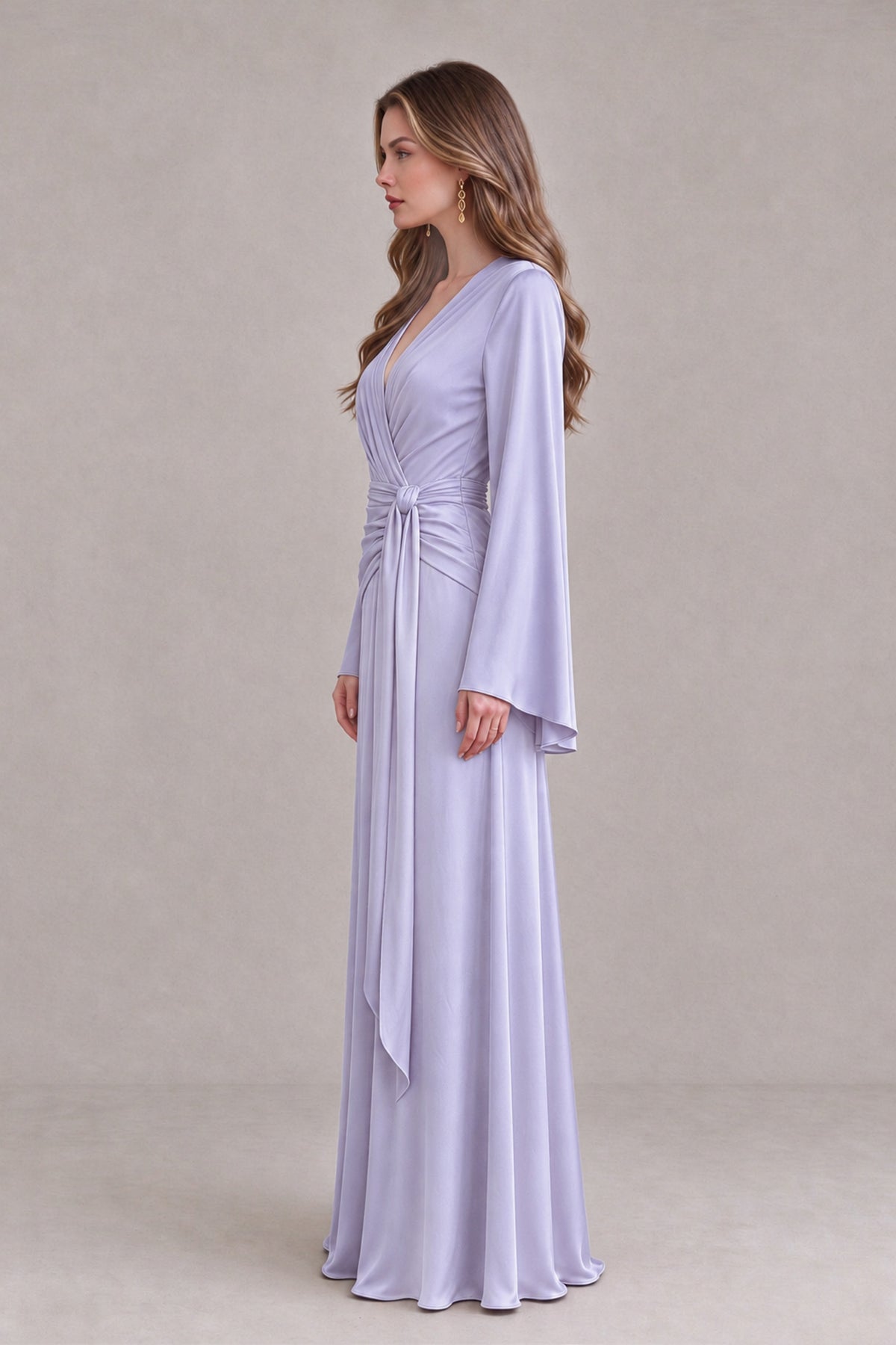 BOLODOO Lavender Yellow Satin-Look V-Neck Long Bell Sleeve Evening Dress - Lavender - Lavender_4