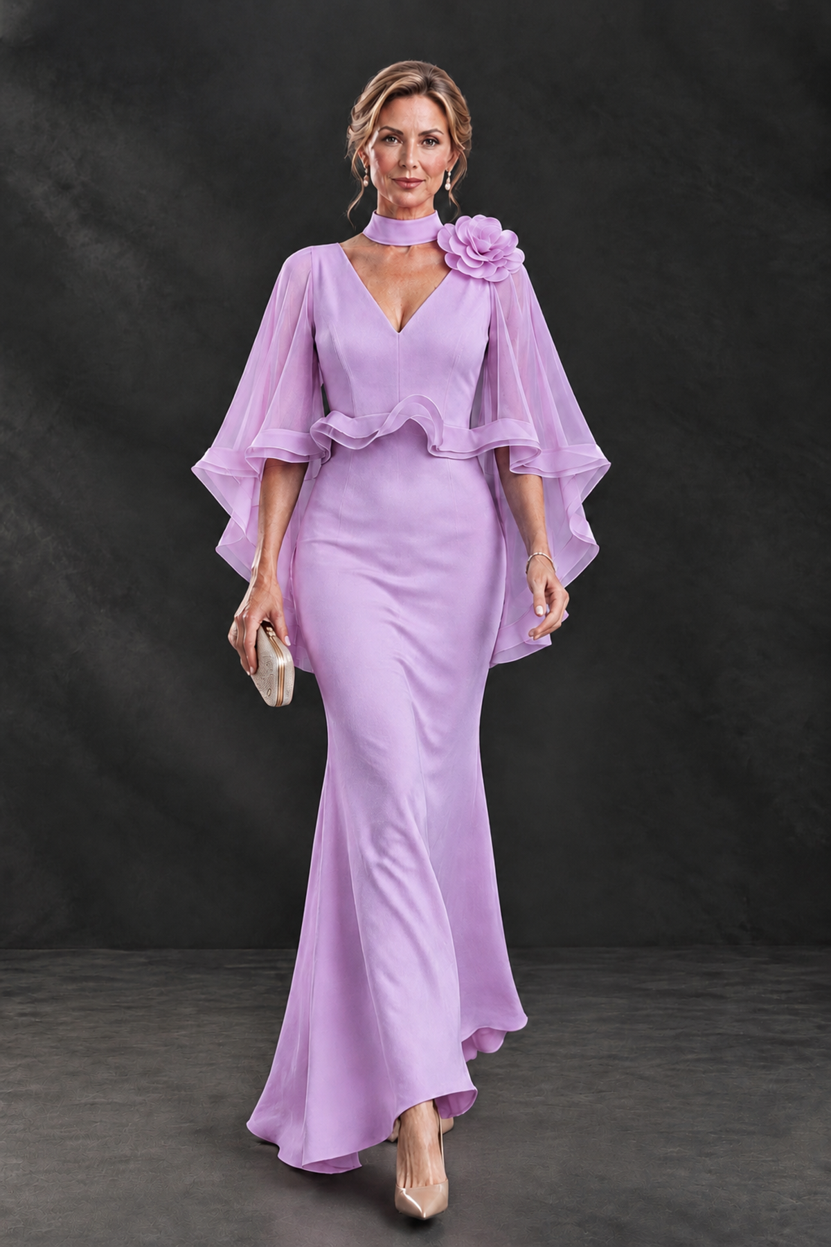 BOLODOO Lavender Floral Cape Sleeve Mother of the Bride Dress - Lavender - Lavender_4