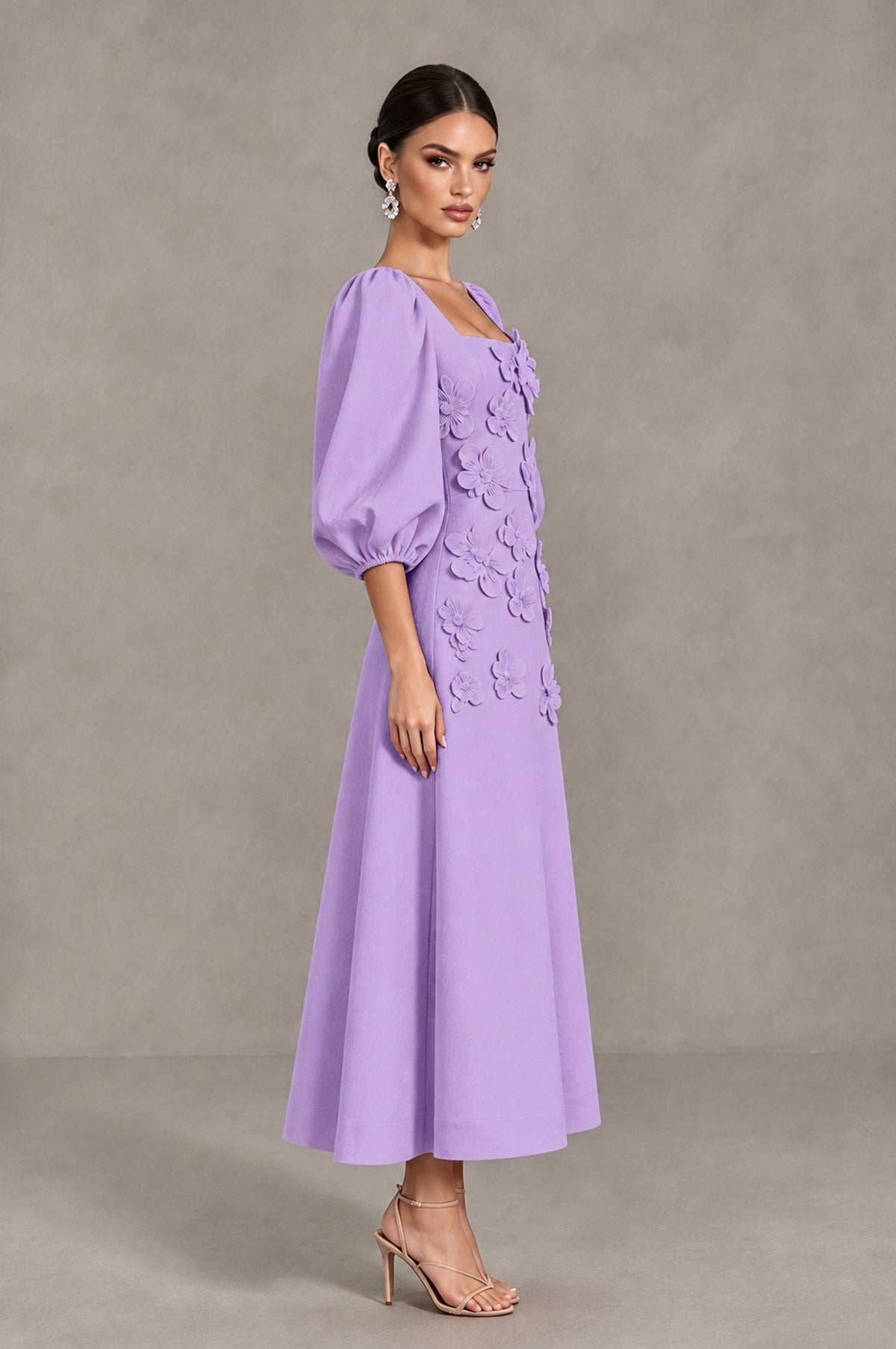 BOLODOO Lavender 3D Floral Puff Sleeve Midi Cocktail Dress - Lavender - Lavender_4