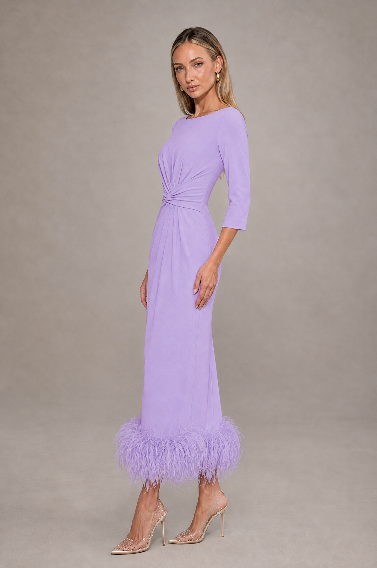 BOLODOO Lavender Feather-Trim Twist-Waist Midi Dress - Lavender - Lavender_4