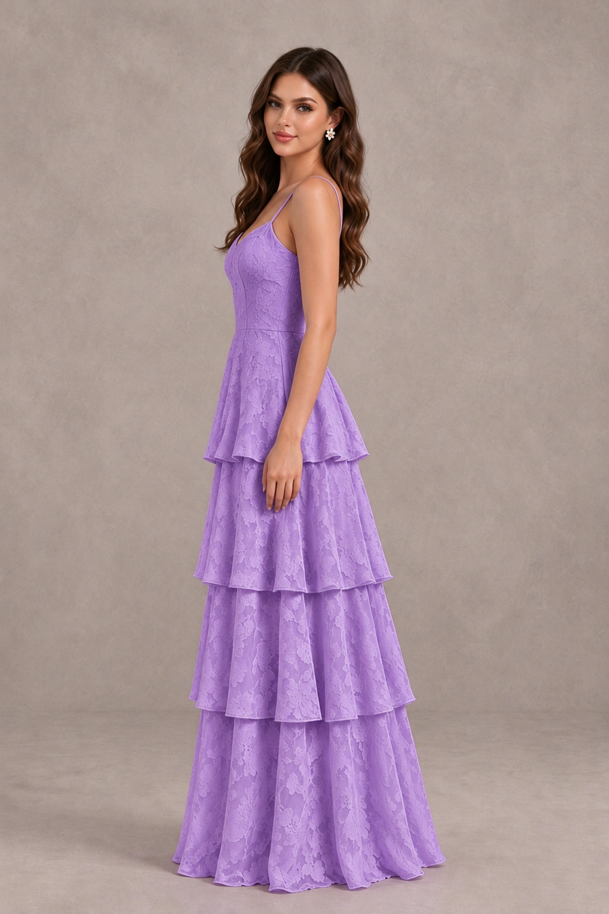 BOLODOO Lavender Tiered Floral-Textured Spaghetti Strap Maxi Dress - Lavender - Lavender_4