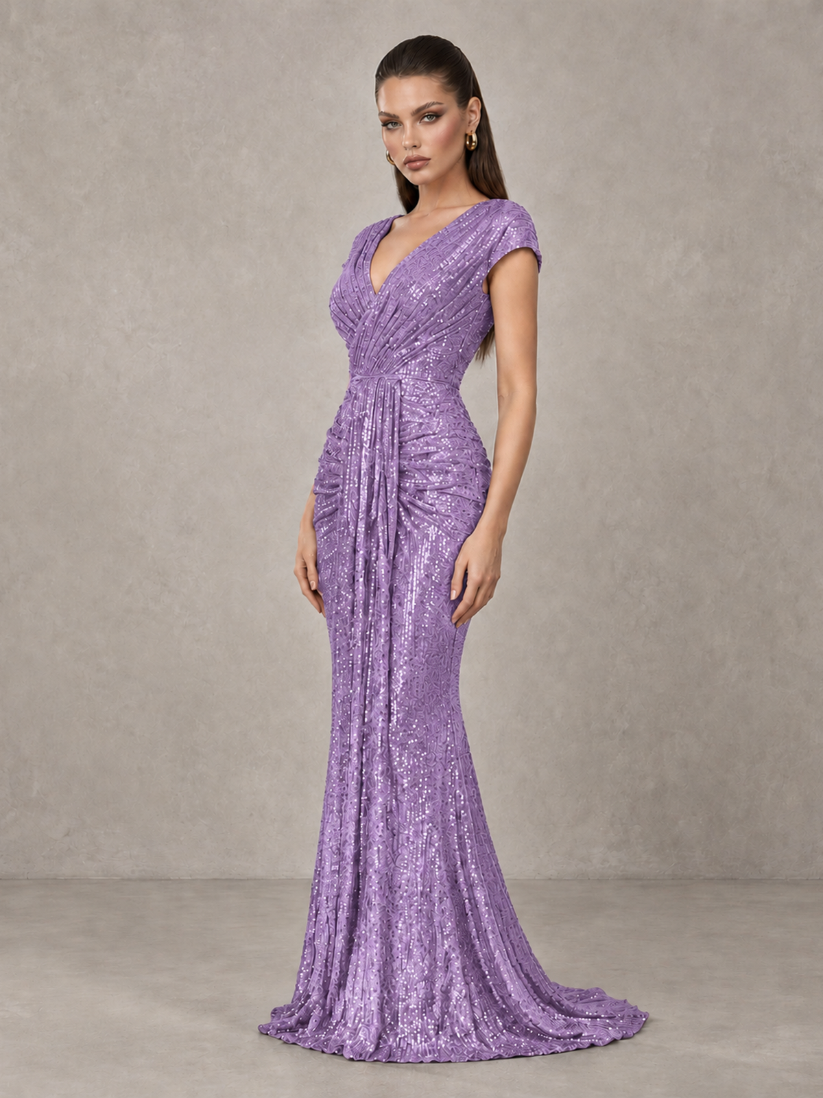 BOLODOO Lavender Glitter V-Neck Cap Sleeve Ruched Mermaid Evening Gown - Lavender - Lavender_4