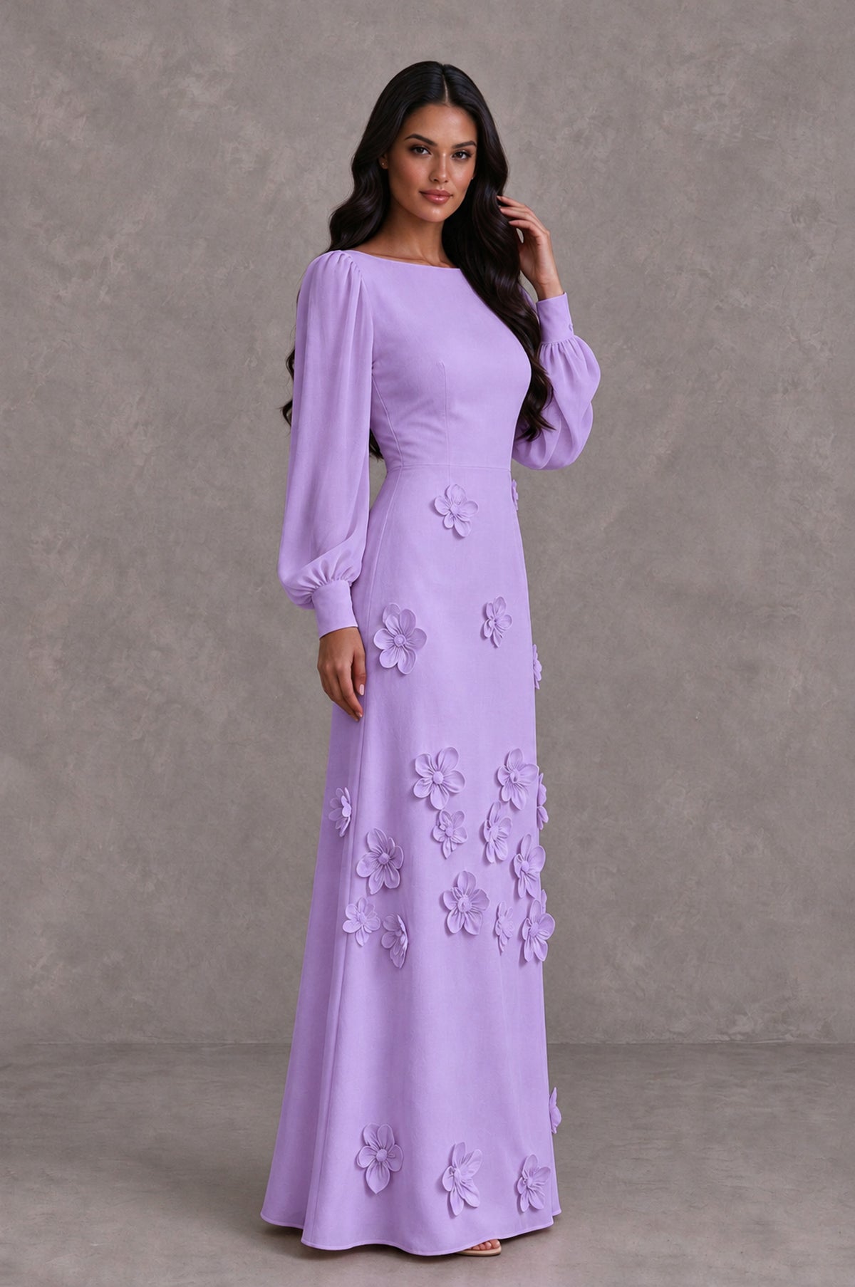 BOLODOO Lavender Long Sleeve Floral Applique A-Line Evening Dress - Lavender - Lavender_4