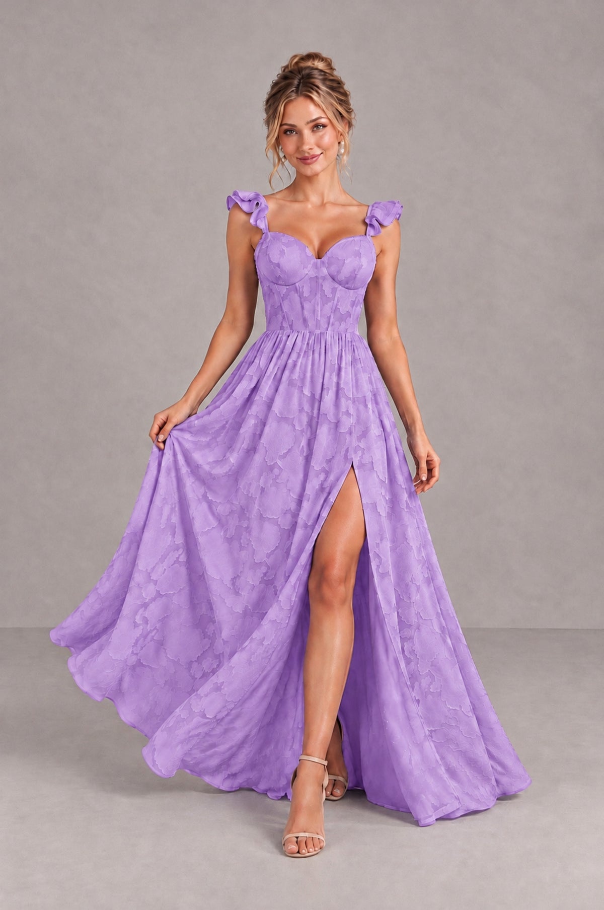 BOLODOO Lavender Floral A-Line Bridesmaid Dress with Slit Ruffle Straps Maxi Gown - Lavender - Lavender_4