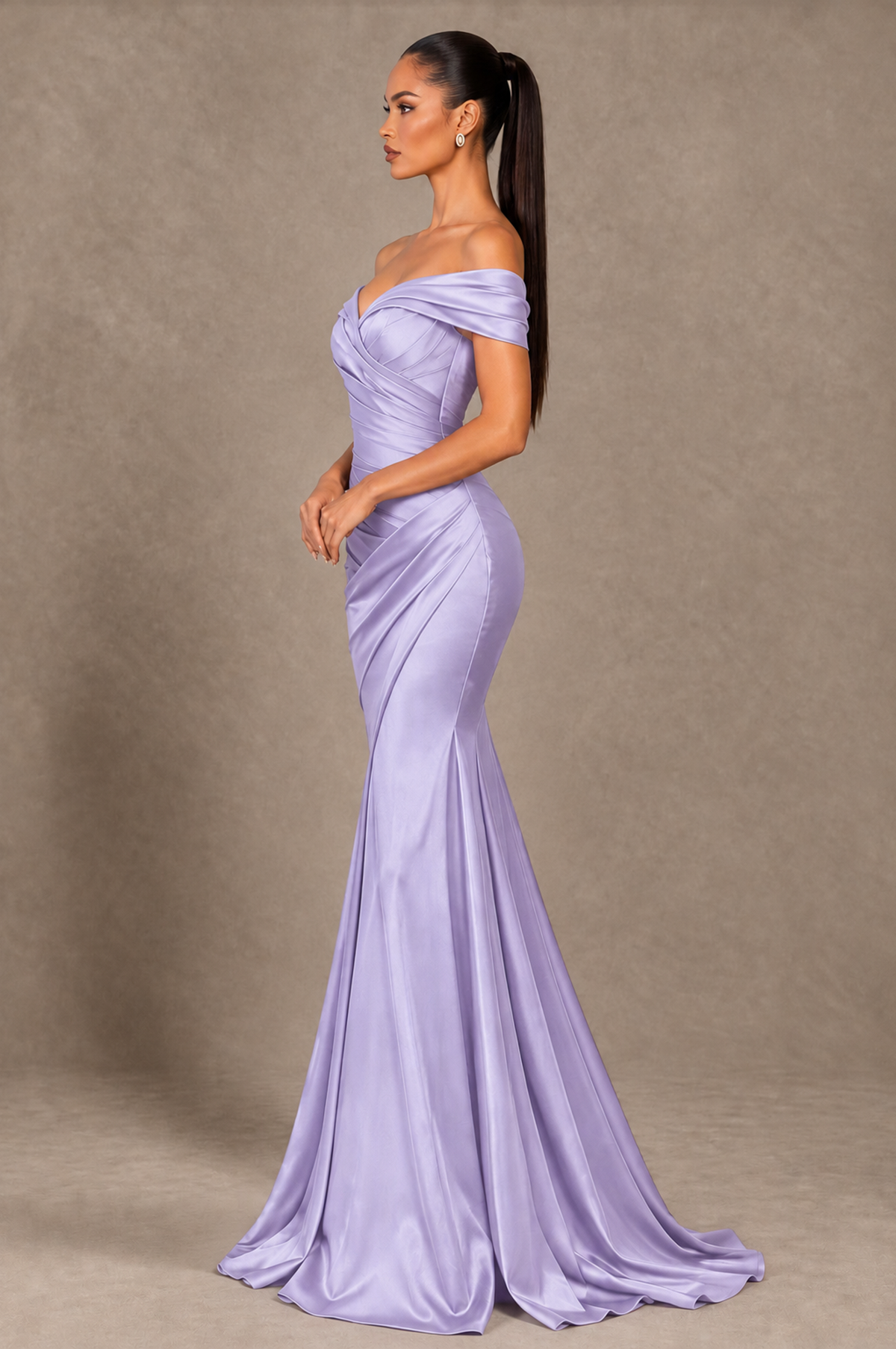 BOLODOO Lavender Off-the-Shoulder Ruched Satin Mermaid Evening Dress - Lavender - Lavender_4