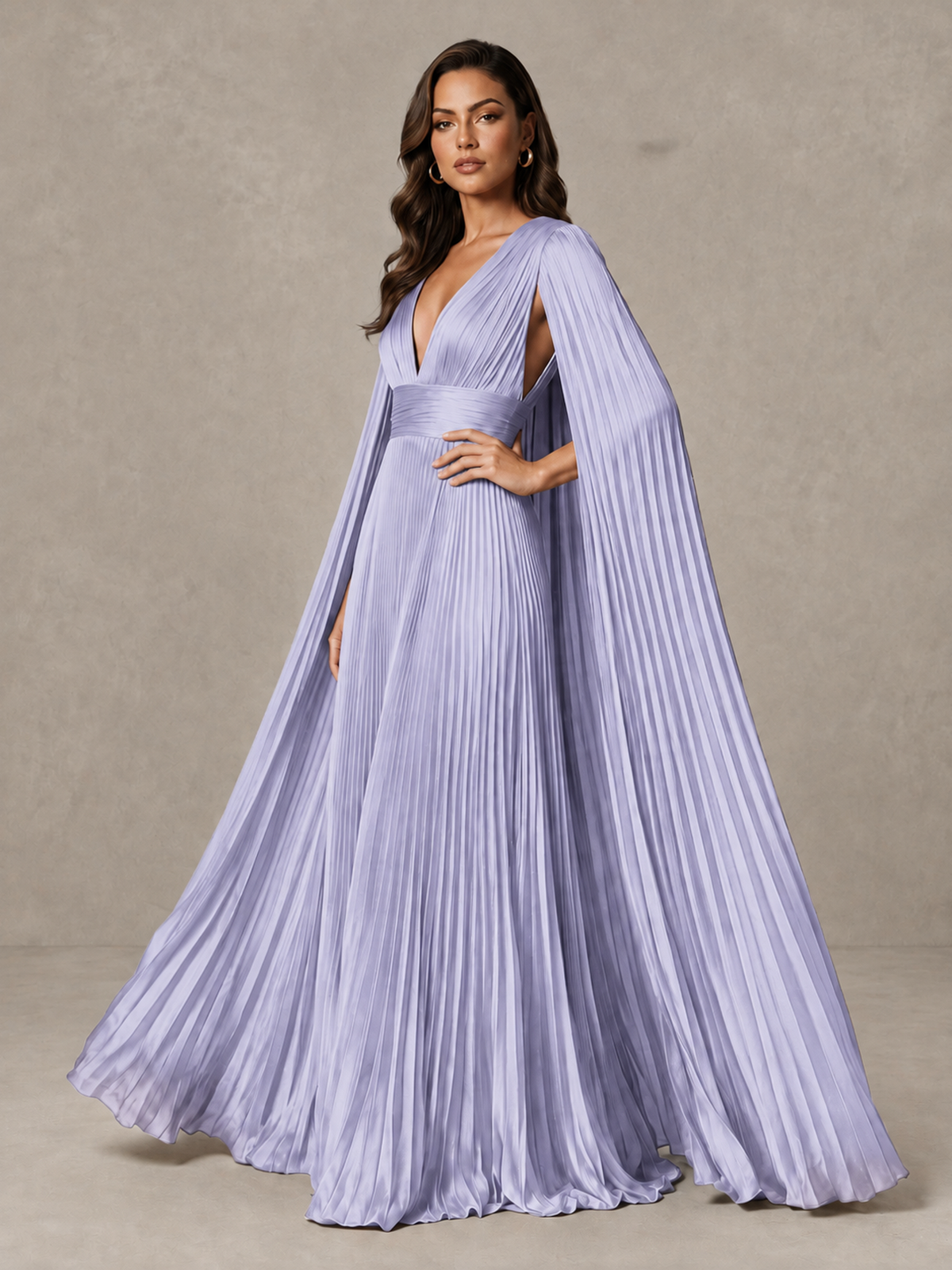 BOLODOO Lavender Deep V-Neck Pleated Cape Sleeve Evening Gown - Lavender - Lavender_4