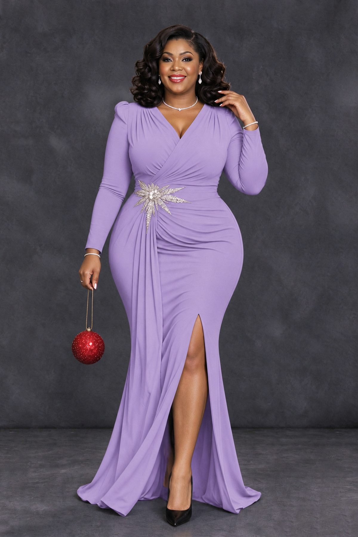 BOLODOO Lavender Plus Size Long Sleeve V-Neck Mother of the Bride Dress with Slit - Lavender - Lavender_4