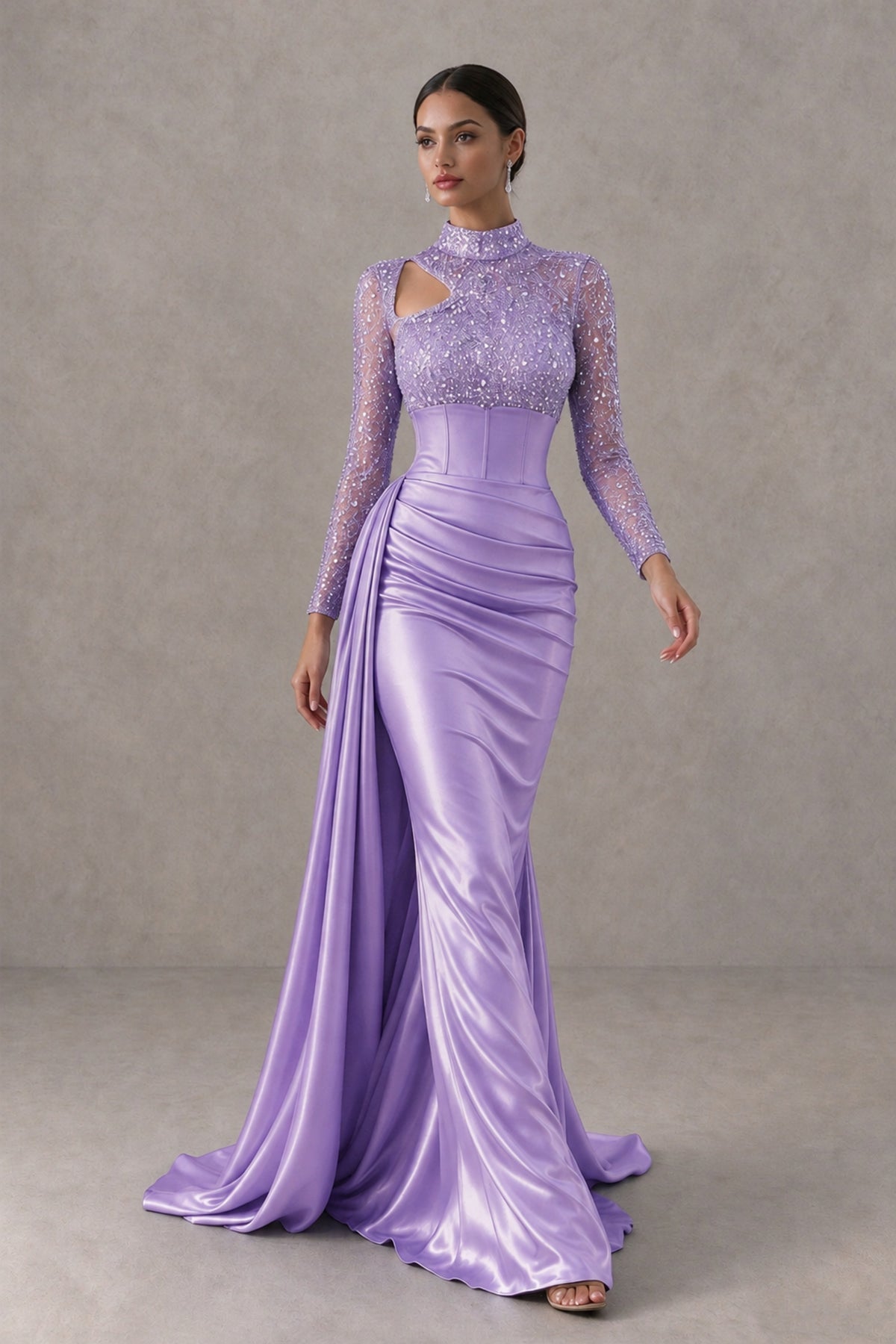 BOLODOO Lavender Long Sleeve Embellished Satin Mermaid Evening Gown - Lavender - Lavender_4