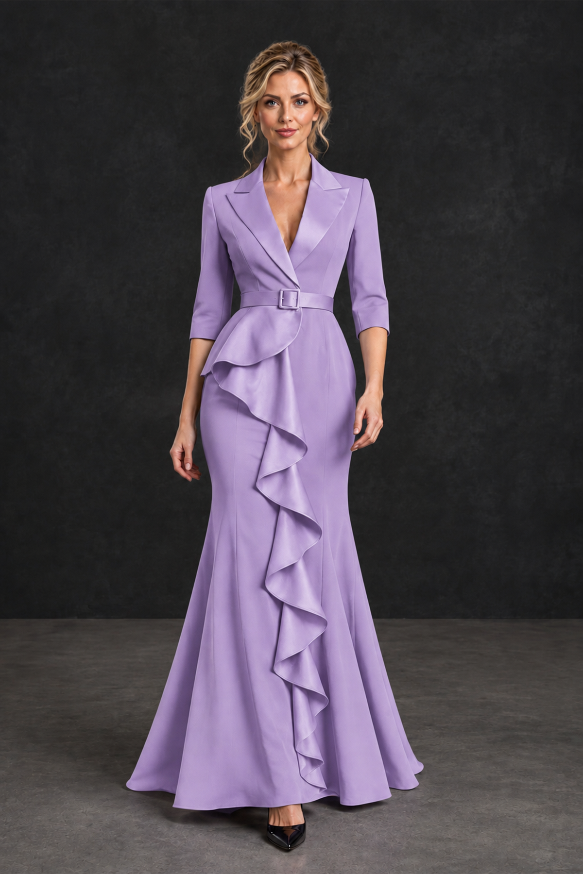 BOLODOO Lavender Lapel Ruffle Mother of the Bride Dress with Belt - Lavender - Lavender_4