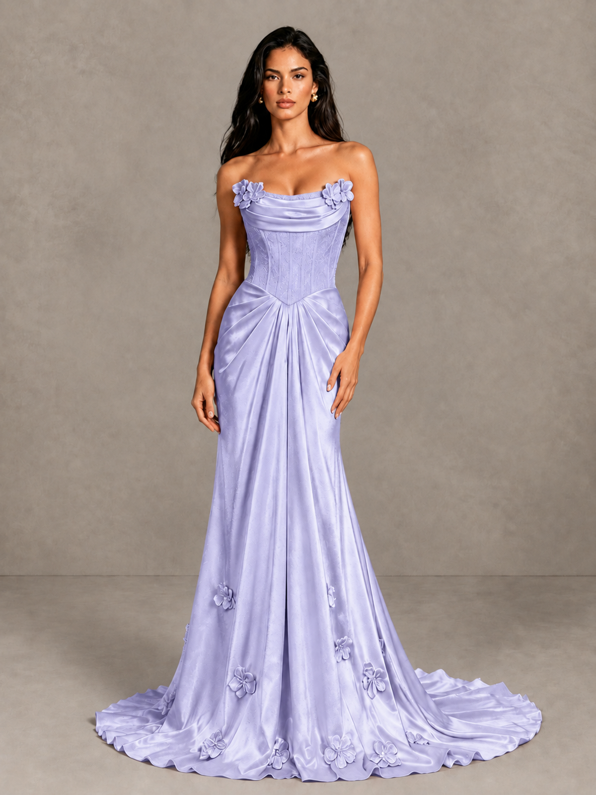 BOLODOO Lavender Strapless Floral Corset Evening Gown with Train - Lavender - Lavender_4