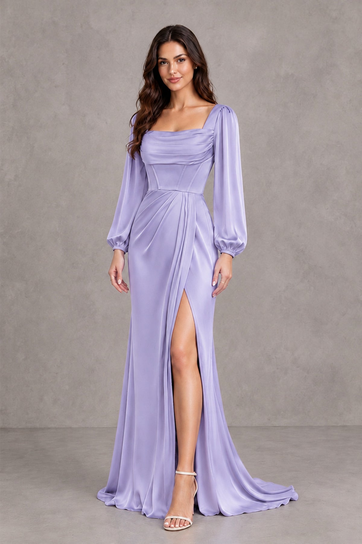 BOLODOO Lavender Satin-Look Long Sleeve Evening Dress with High Slit - Lavender - Lavender_4